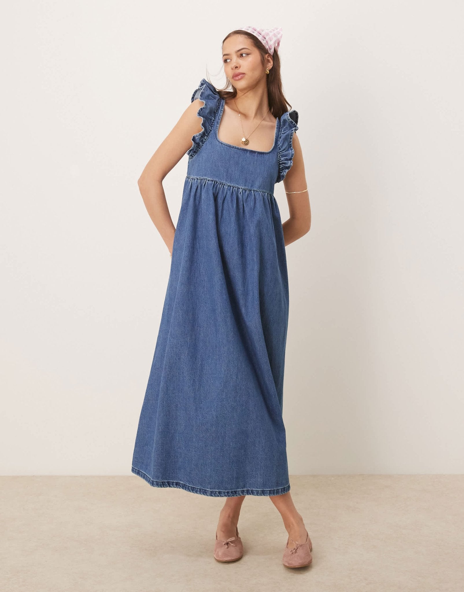 ASOS DESIGN denim smock maxi dress with bow back in midwash blue - ASOS Sample Sale