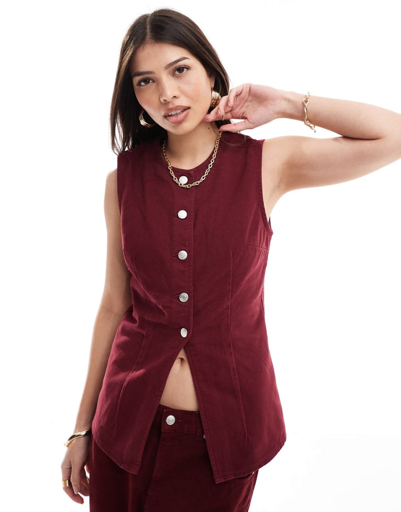 ASOS DESIGN denim split front waistcoat in burgundy - ASOS Sample Sale