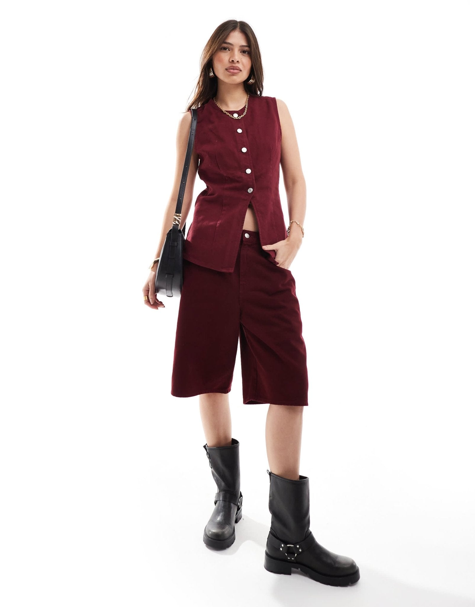 ASOS DESIGN denim split front waistcoat in burgundy - ASOS Sample Sale