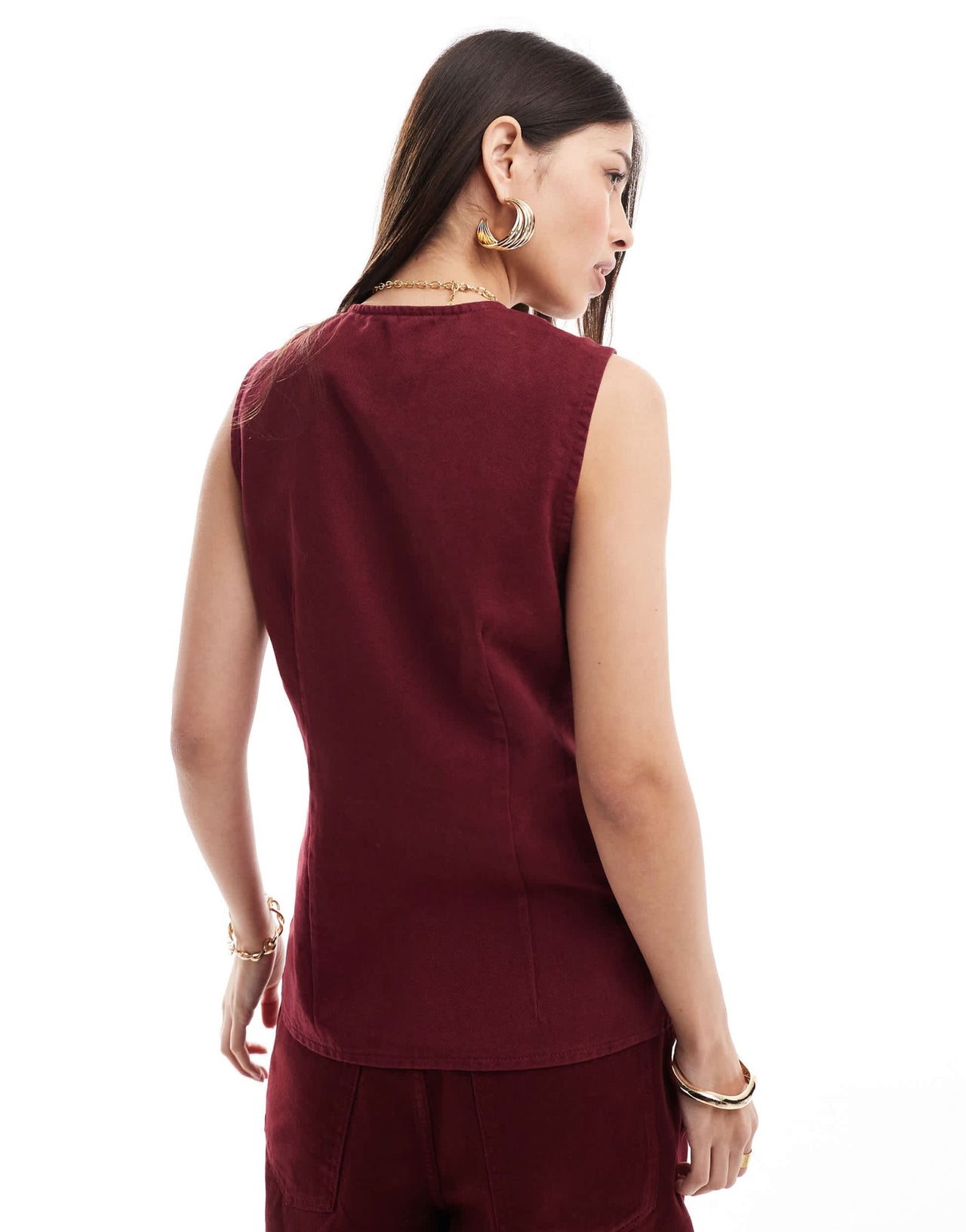 ASOS DESIGN denim split front waistcoat in burgundy - ASOS Sample Sale
