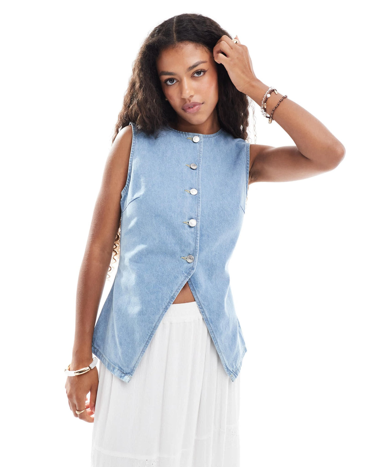 ASOS DESIGN denim split front waistcoat in mid blue - ASOS Sample Sale