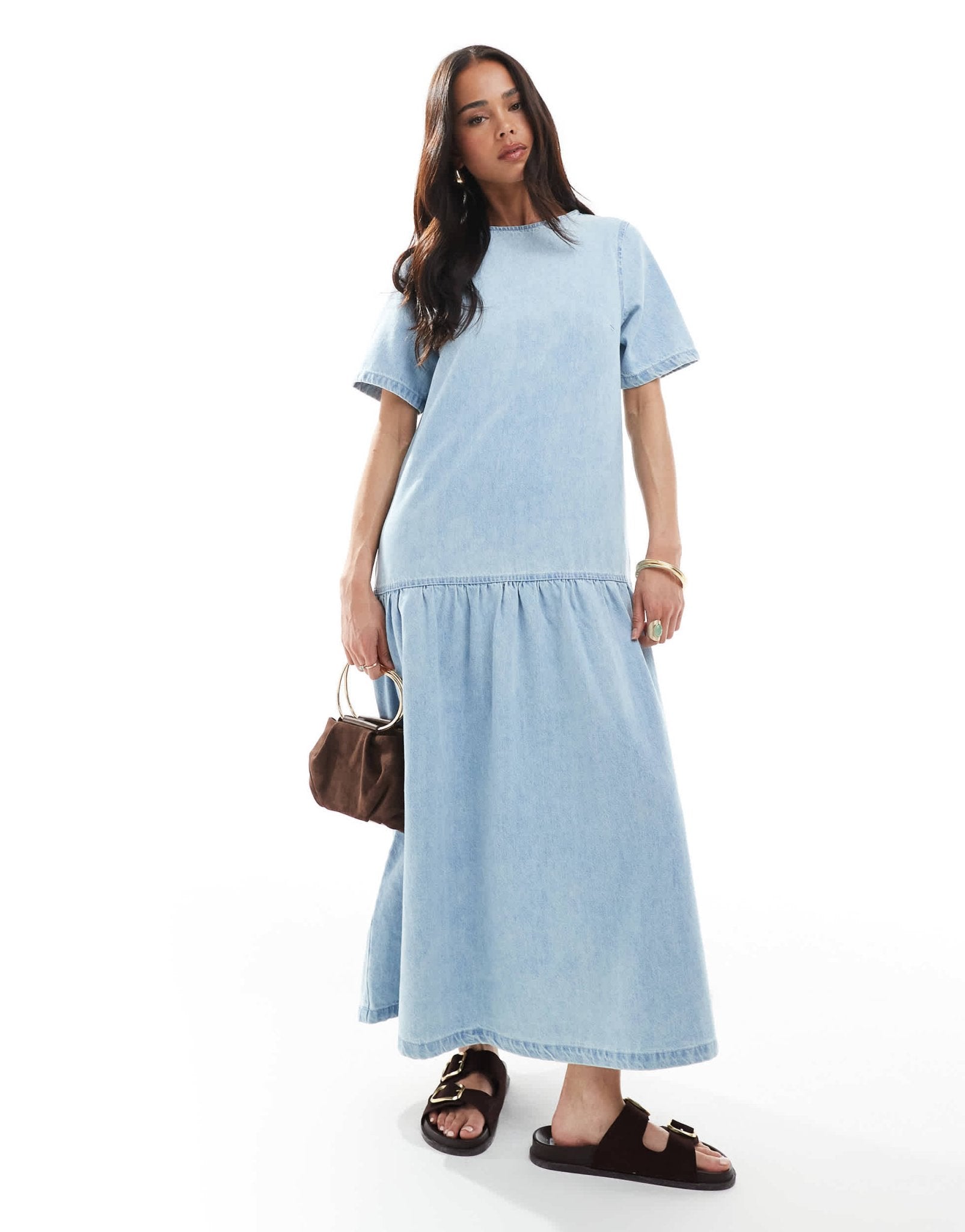 ASOS DESIGN denim t-shirt midi dress with drop waist in midwash blue - ASOS Sample Sale