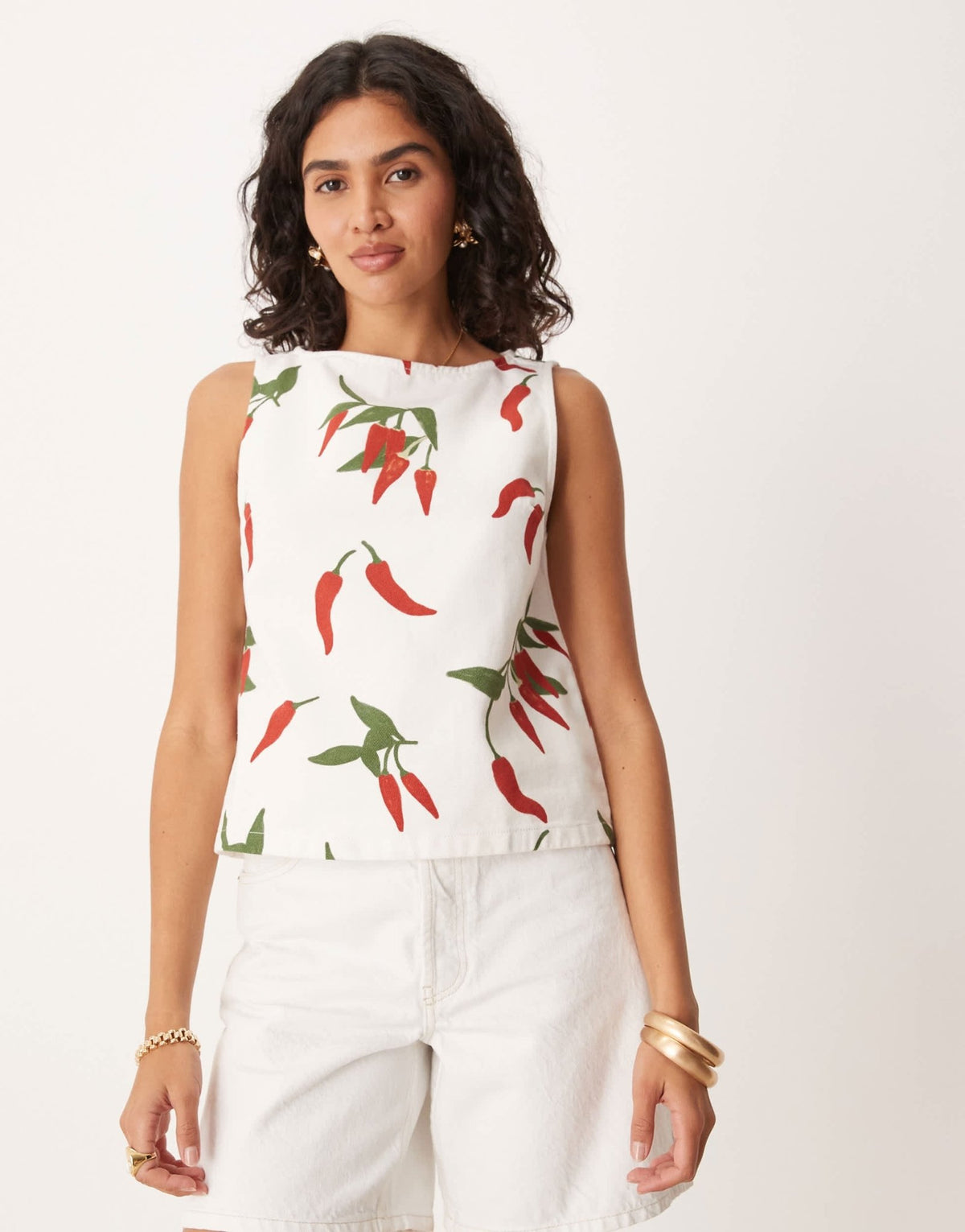 ASOS DESIGN denim tank top with slash neck in chili print in ecru - ASOS Sample Sale