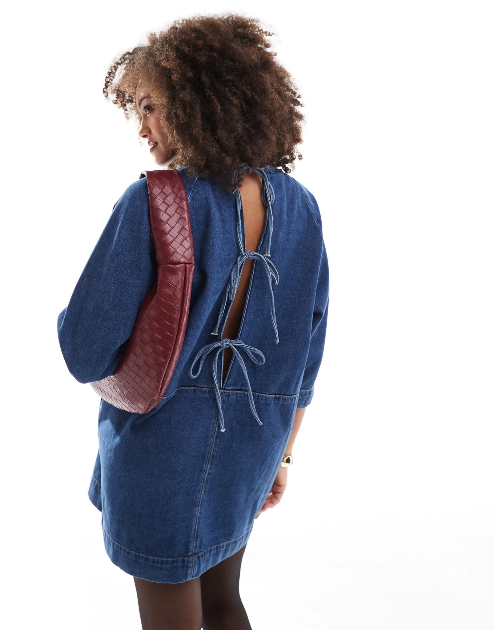 ASOS DESIGN denim tie back boxy dress in mid blue - ASOS Sample Sale