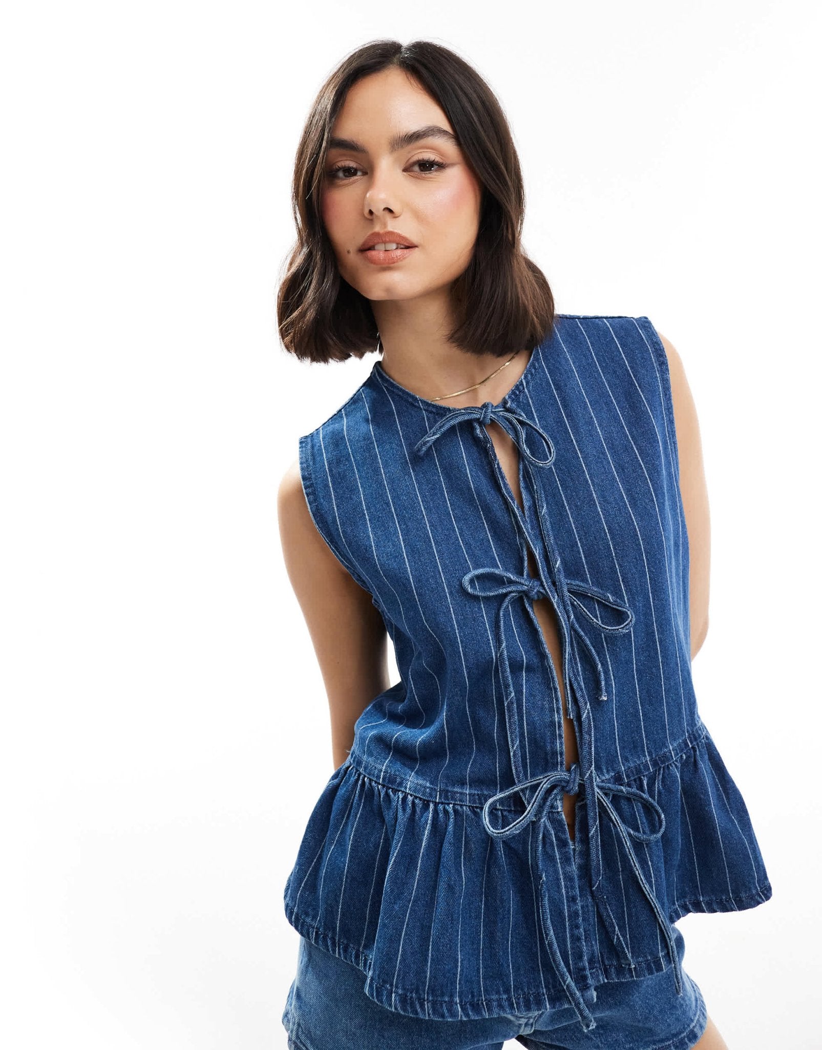 ASOS DESIGN denim tie front top in blue stripe - ASOS Sample Sale