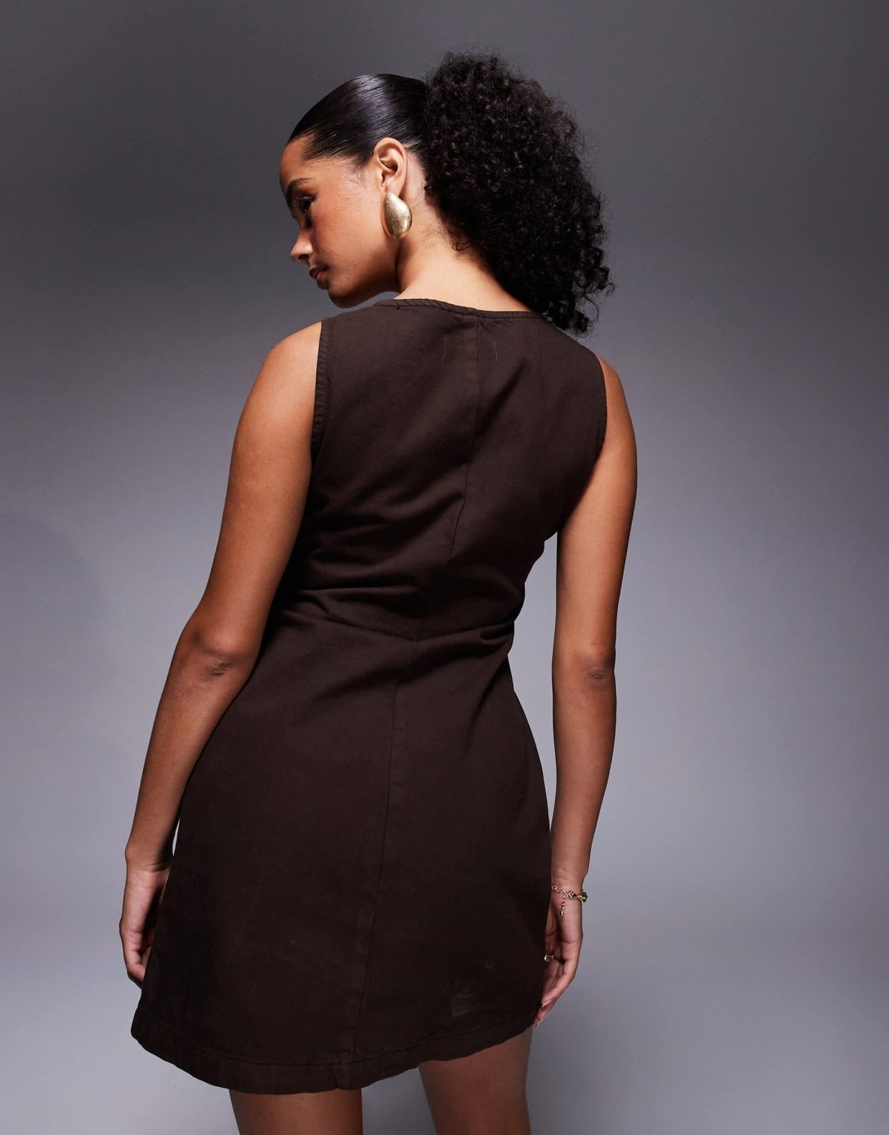 ASOS DESIGN denim V neck dress with button through in chocolate - ASOS Sample Sale