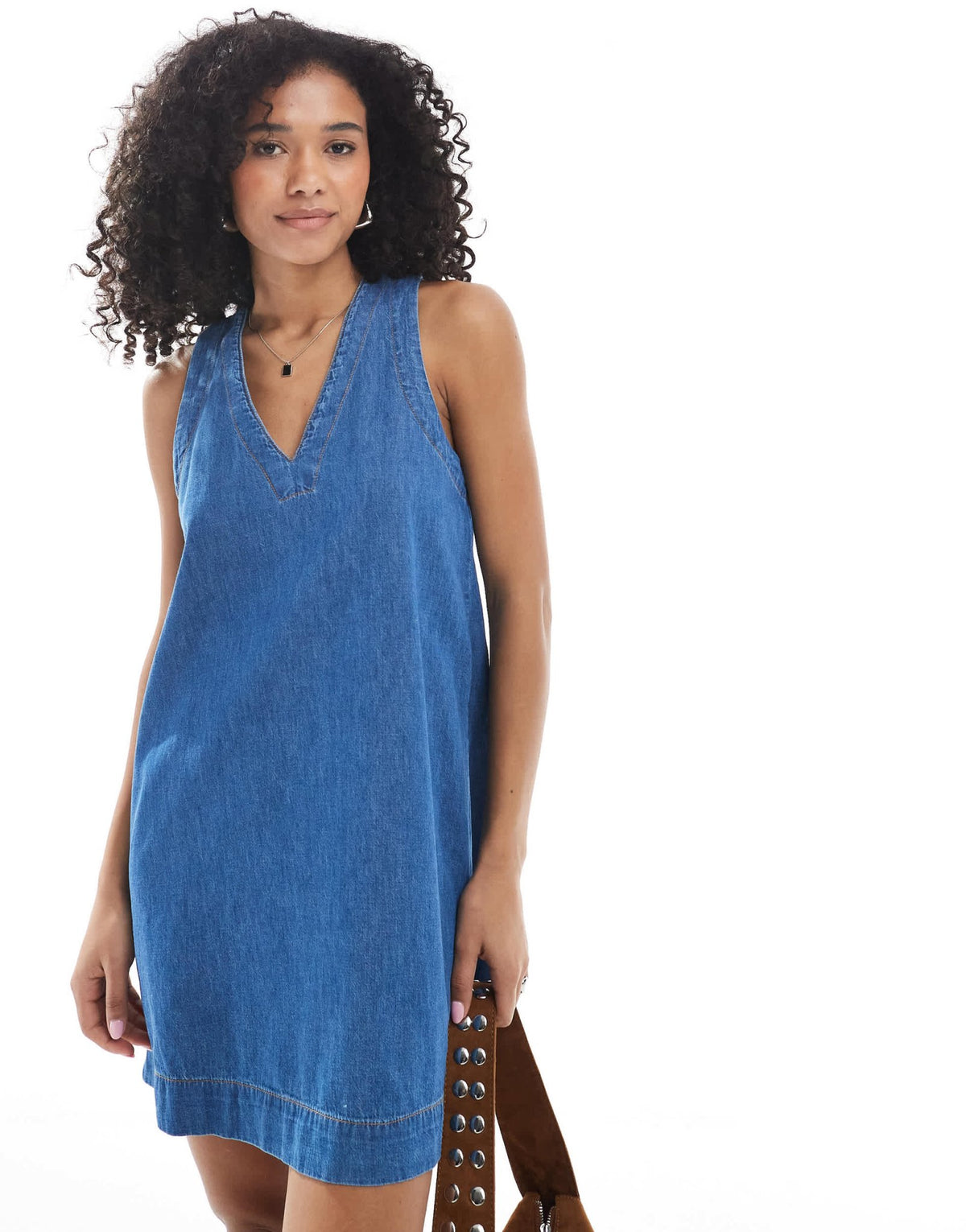 ASOS DESIGN denim v neck shift dress in mid blue - ASOS Sample Sale