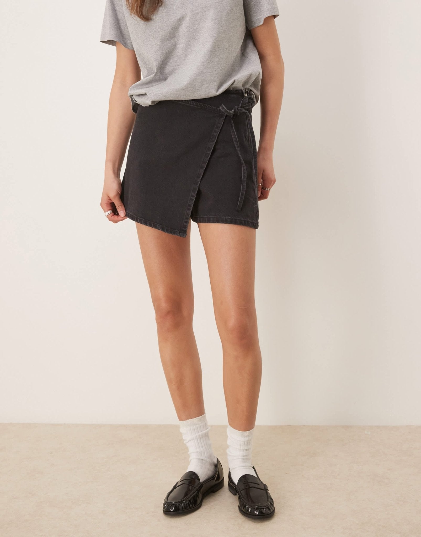 ASOS DESIGN denim wrap skort in black - ASOS Sample Sale