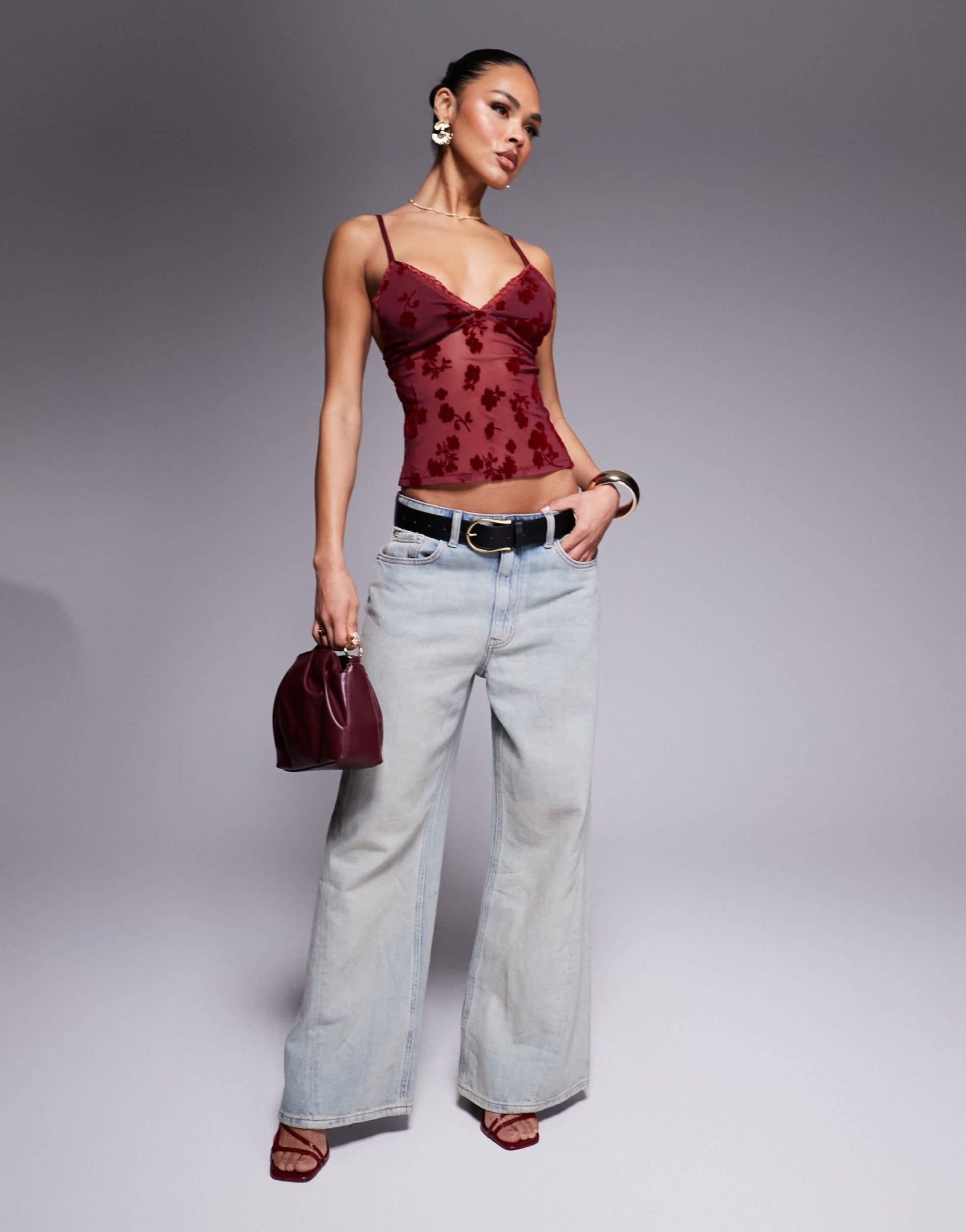 ASOS DESIGN devore burn out floral cami in cherry red - ASOS Sample Sale