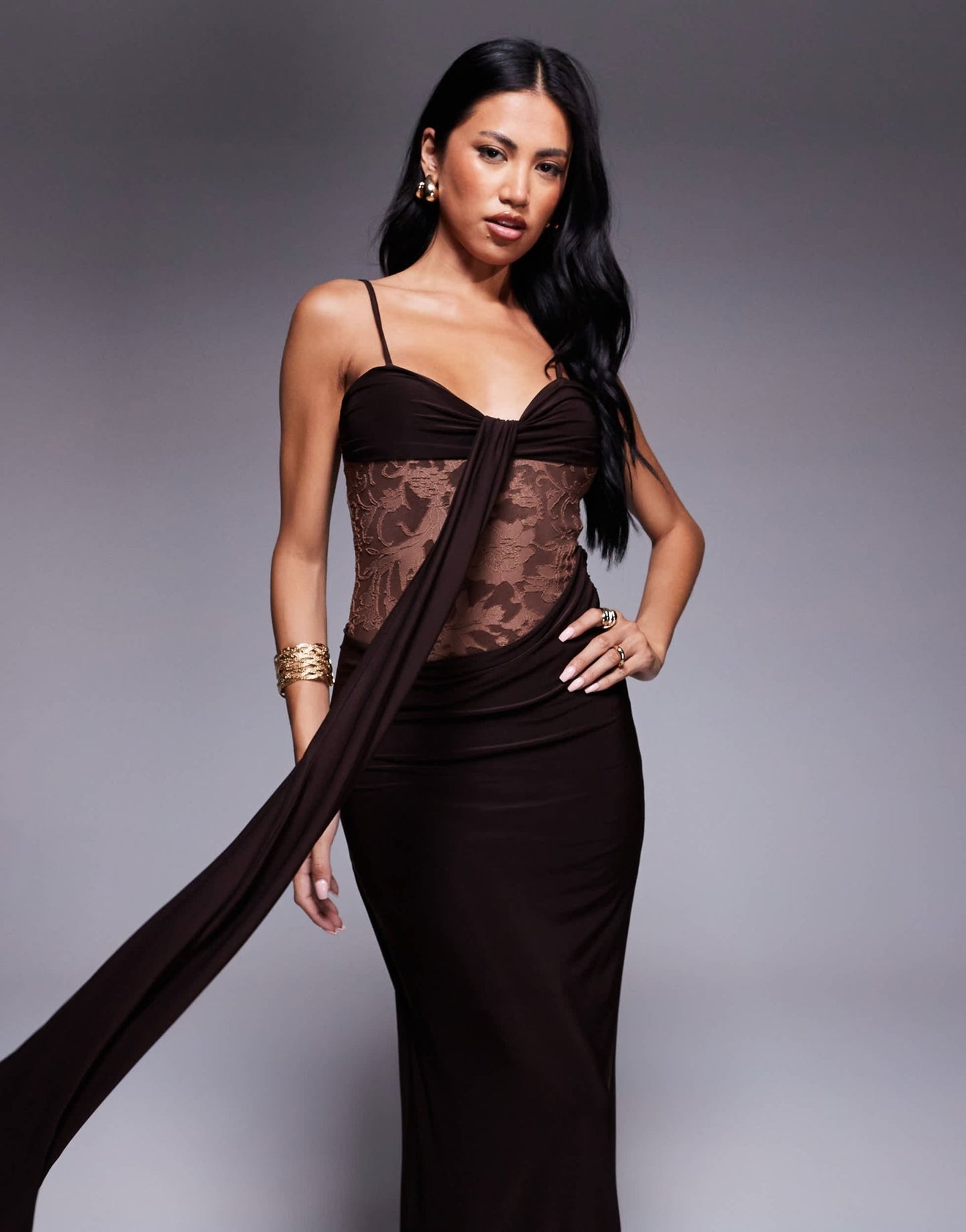ASOS DESIGN devore hybrid slinky maxi dress in chocolate - ASOS Sample Sale