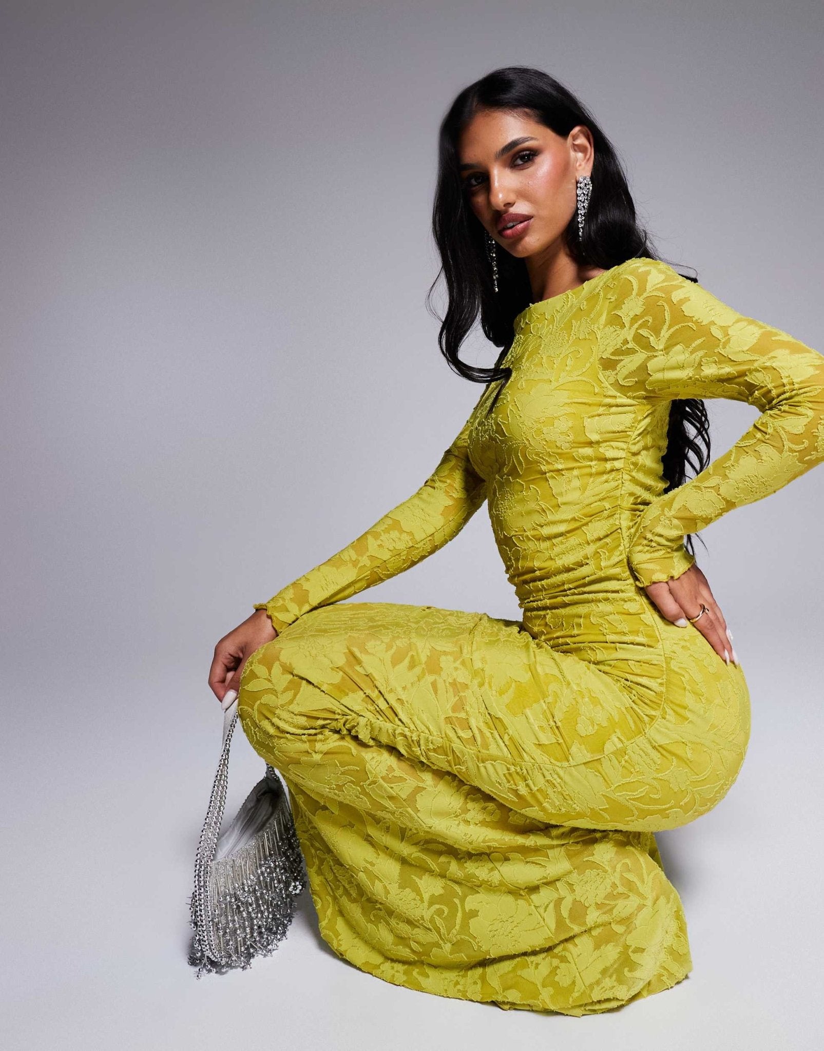 ASOS DESIGN devore long sleeve ruched maxi dress in lime - ASOS Sample Sale