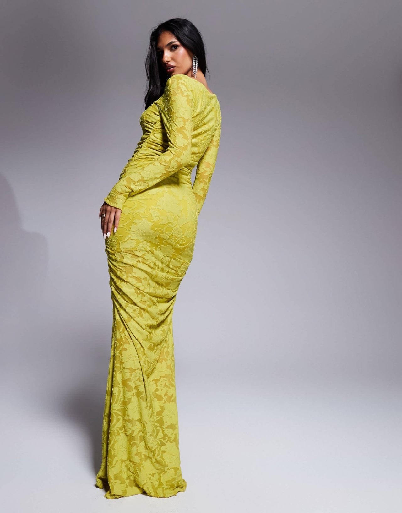 ASOS DESIGN devore long sleeve ruched maxi dress in lime - ASOS Sample Sale