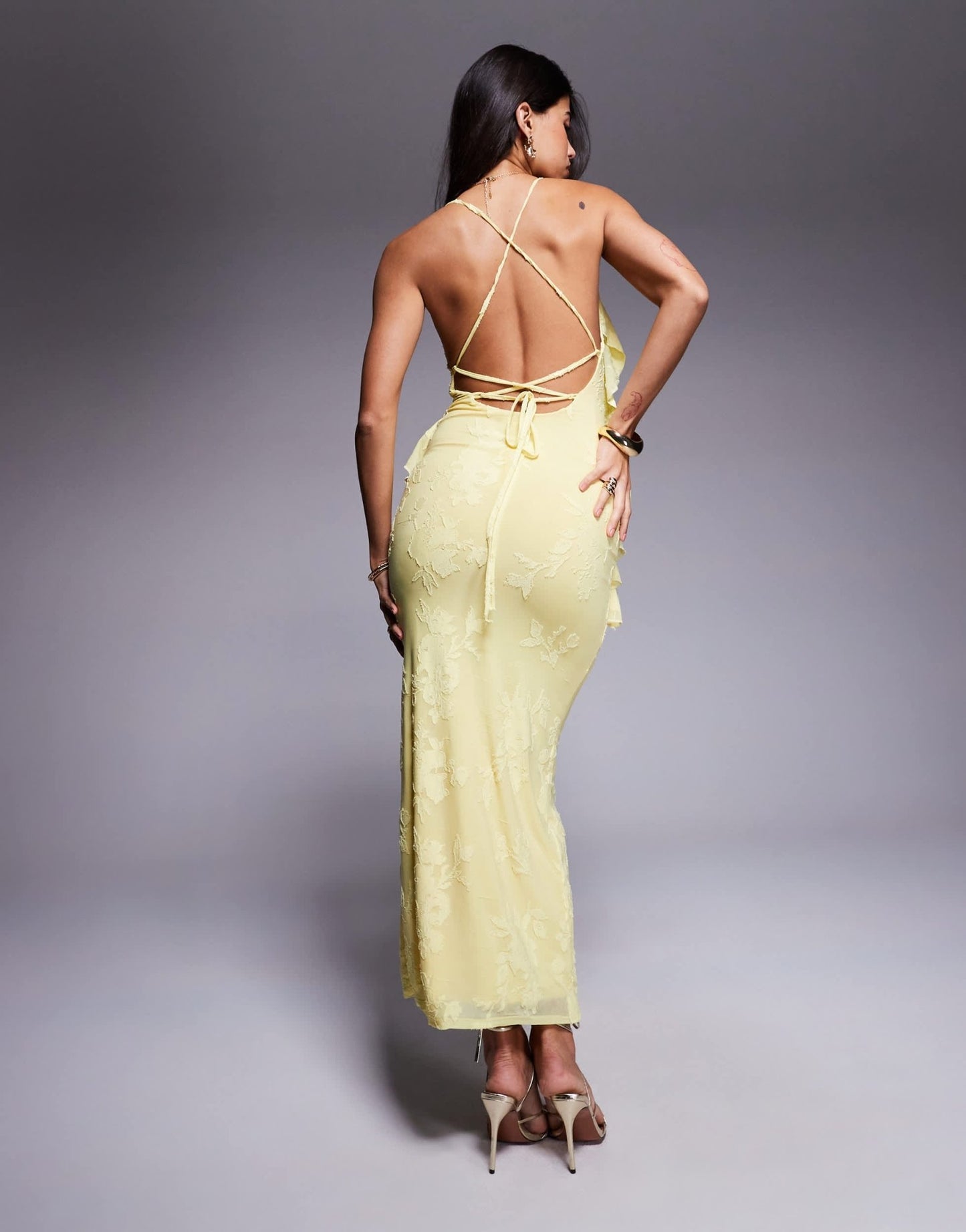 ASOS DESIGN devore ruffle strappy back maxi dress in butter yellow – ASOS Sample Sale