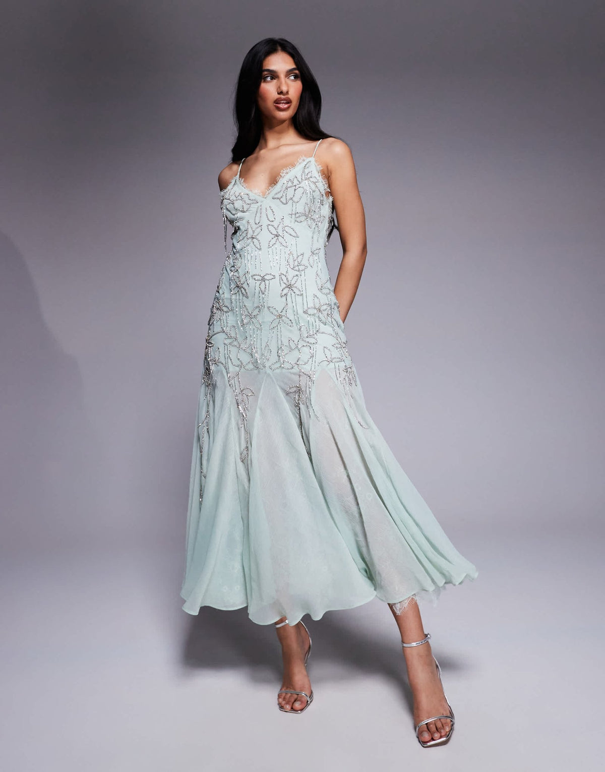 ASOS DESIGN diamante beaded midi dress with lace trim and godet hem in sage - ASOS Sample Sale
