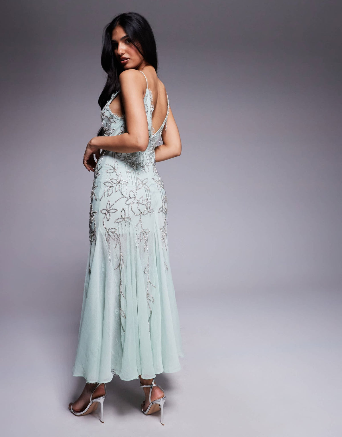 ASOS DESIGN diamante beaded midi dress with lace trim and godet hem in sage - ASOS Sample Sale
