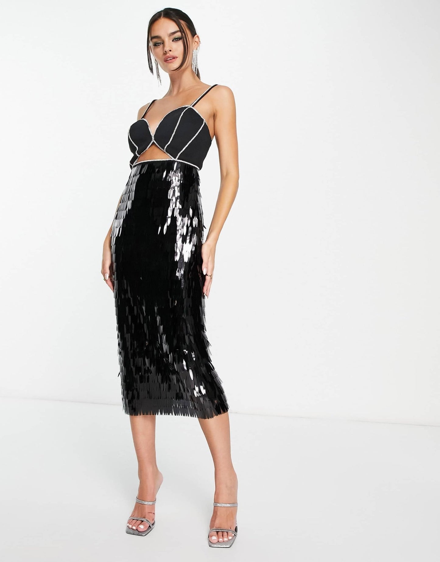 ASOS DESIGN diamante trim shabby sequin midi dress in black - ASOS Sample Sale