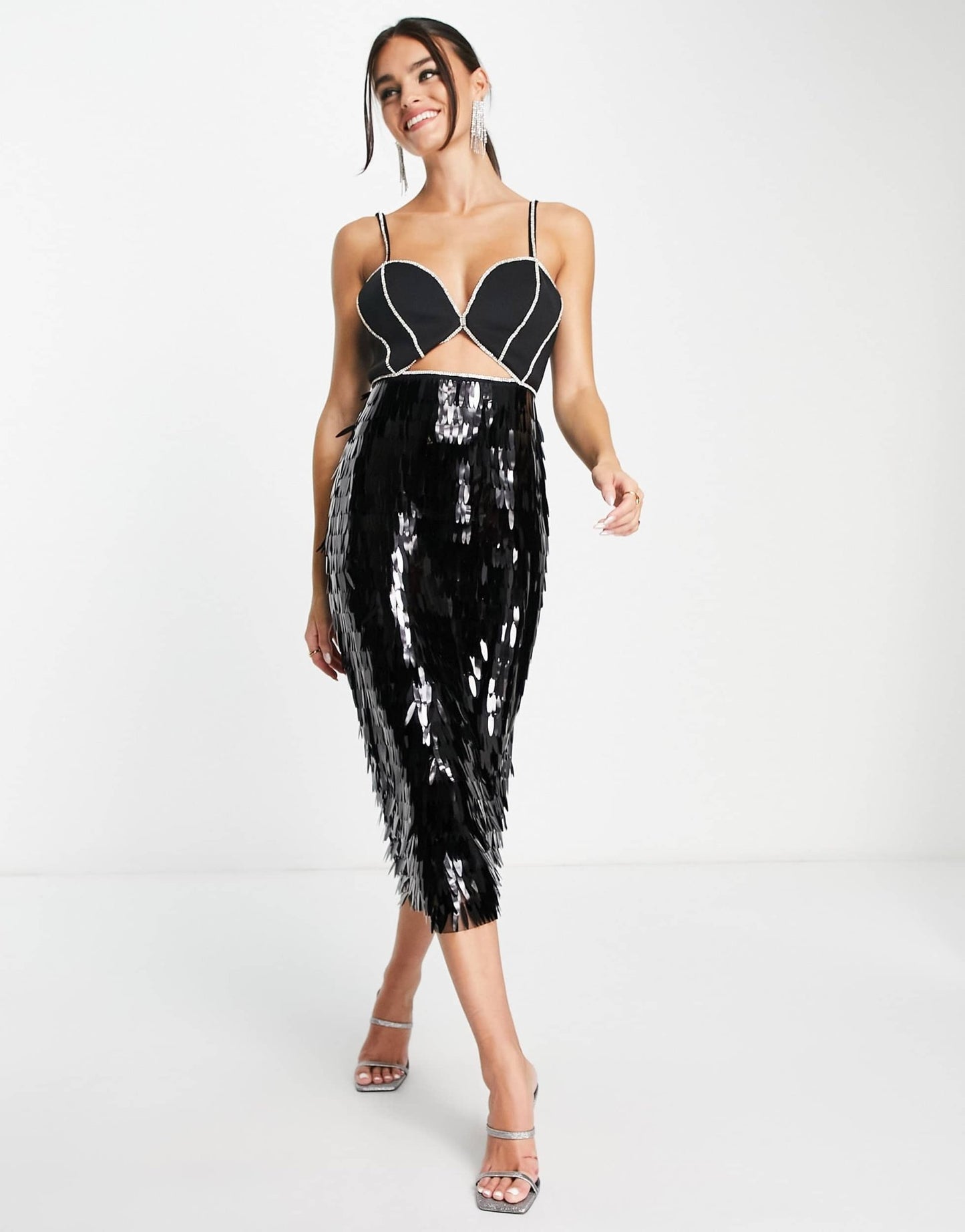 ASOS DESIGN diamante trim shabby sequin midi dress in black - ASOS Sample Sale