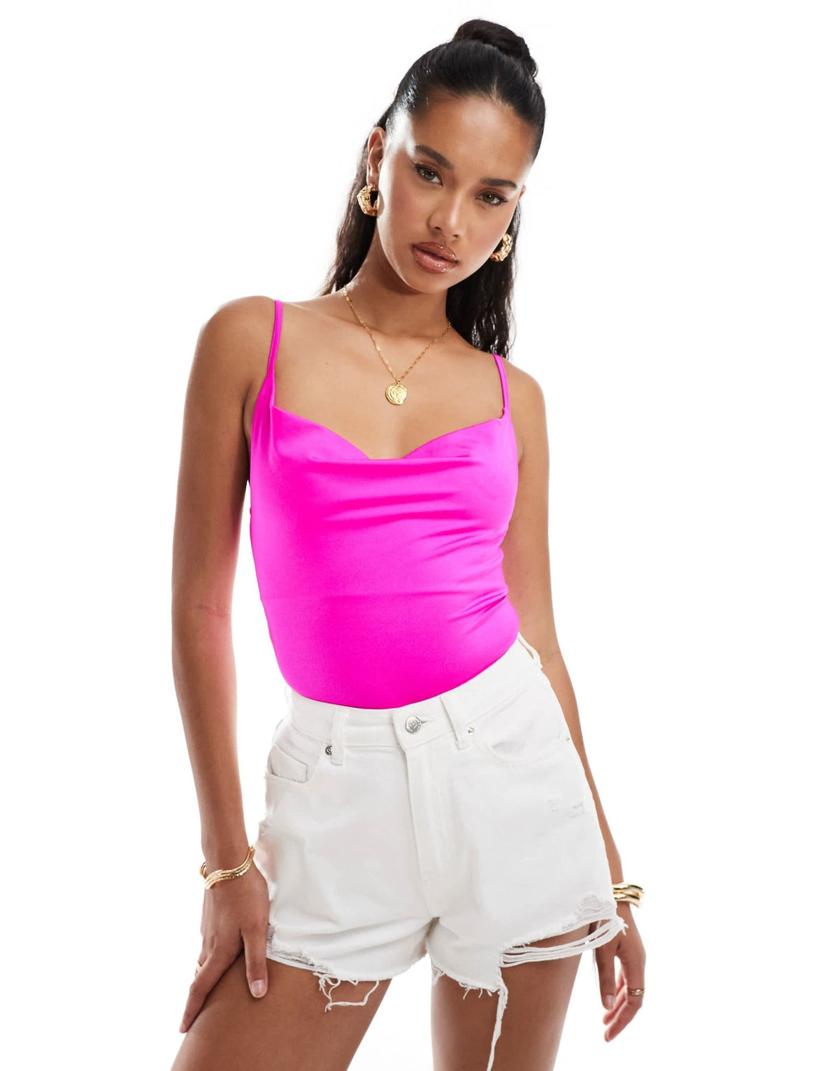 ASOS DESIGN disco cowl neck bodysuit in pink - ASOS Sample Sale