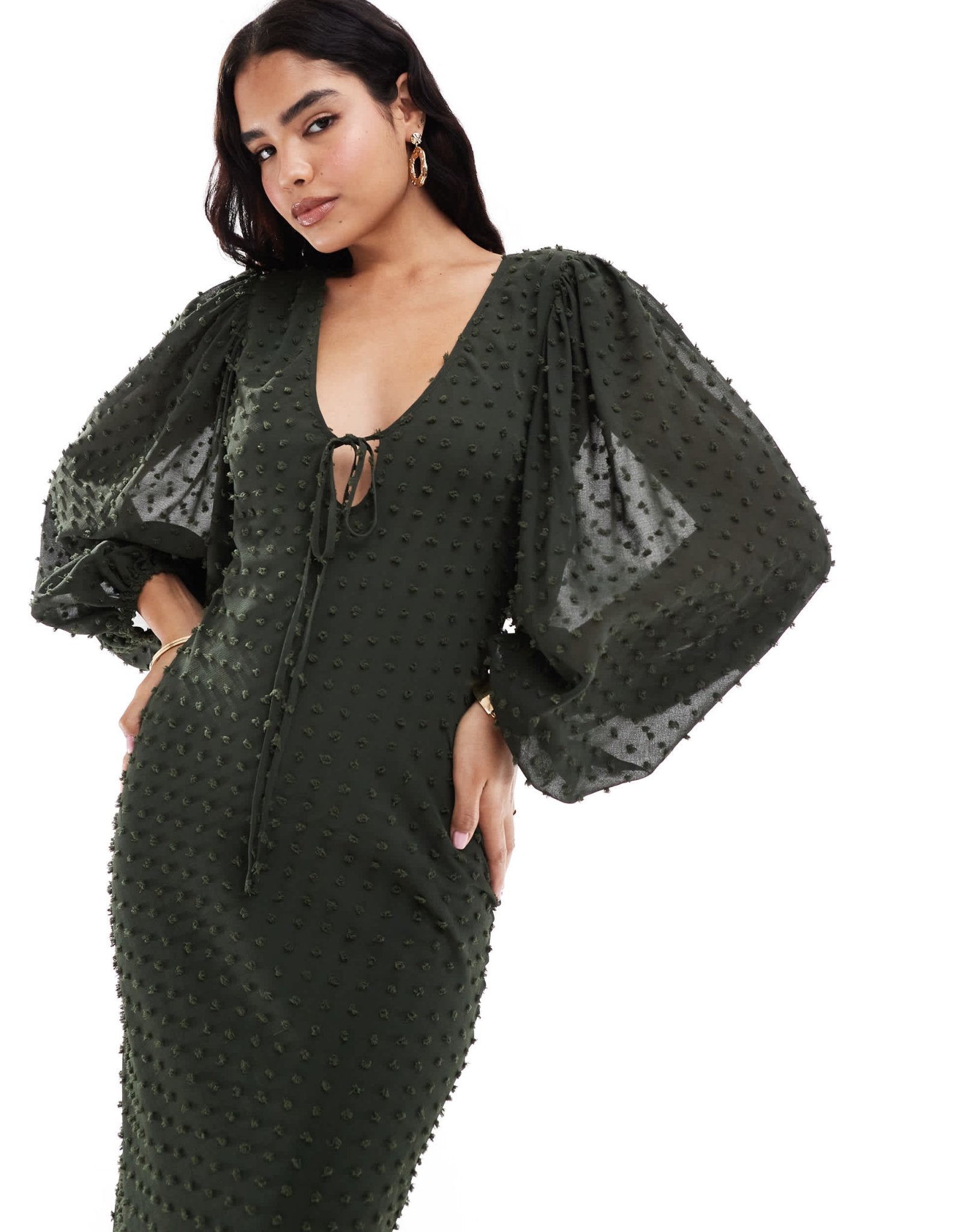 ASOS DESIGN dobby balloon sleeve midi dress in dark green - ASOS Sample Sale