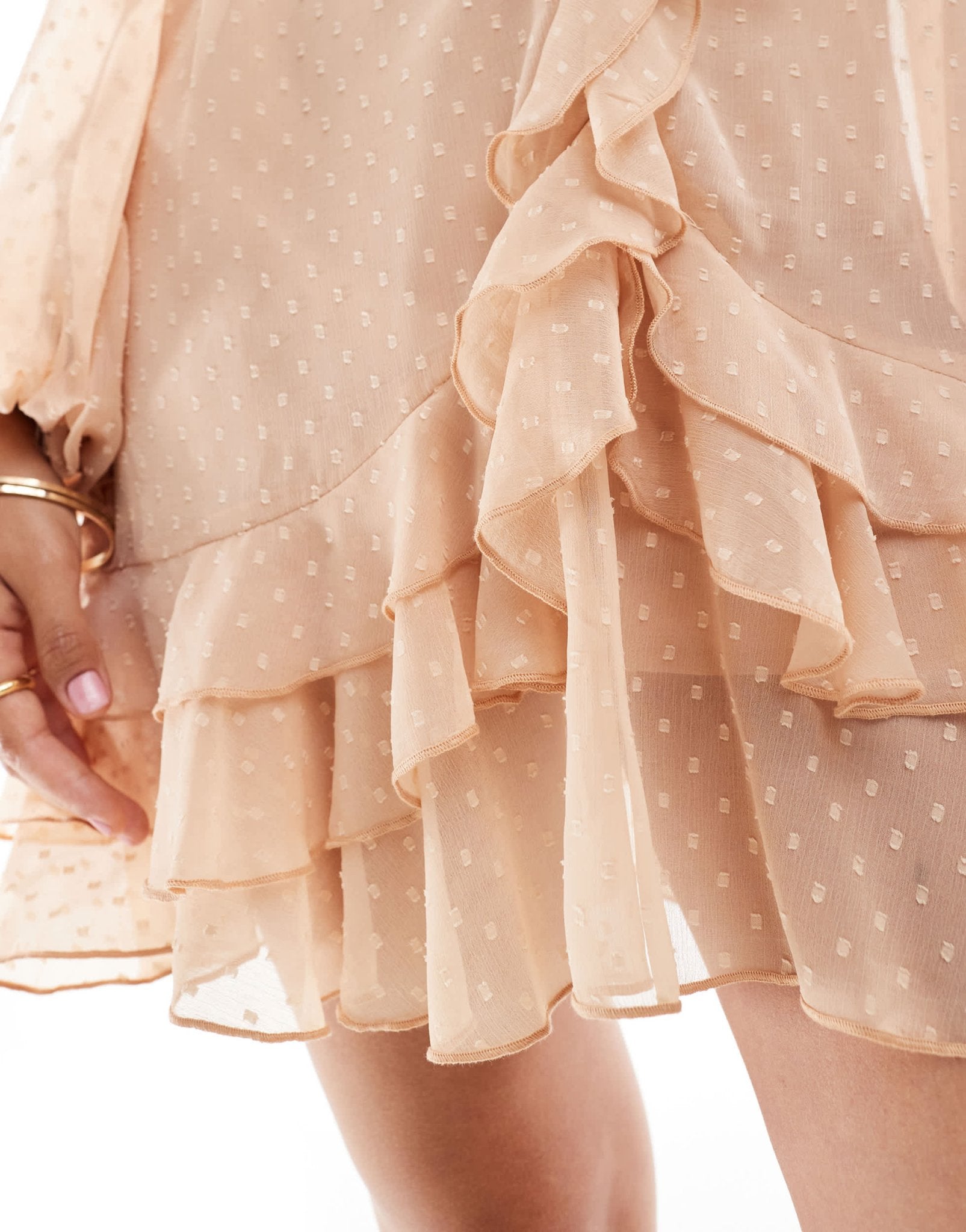 ASOS DESIGN dobby chiffon mini dress with ruffles & blouson sleeve in peach - ASOS Sample Sale