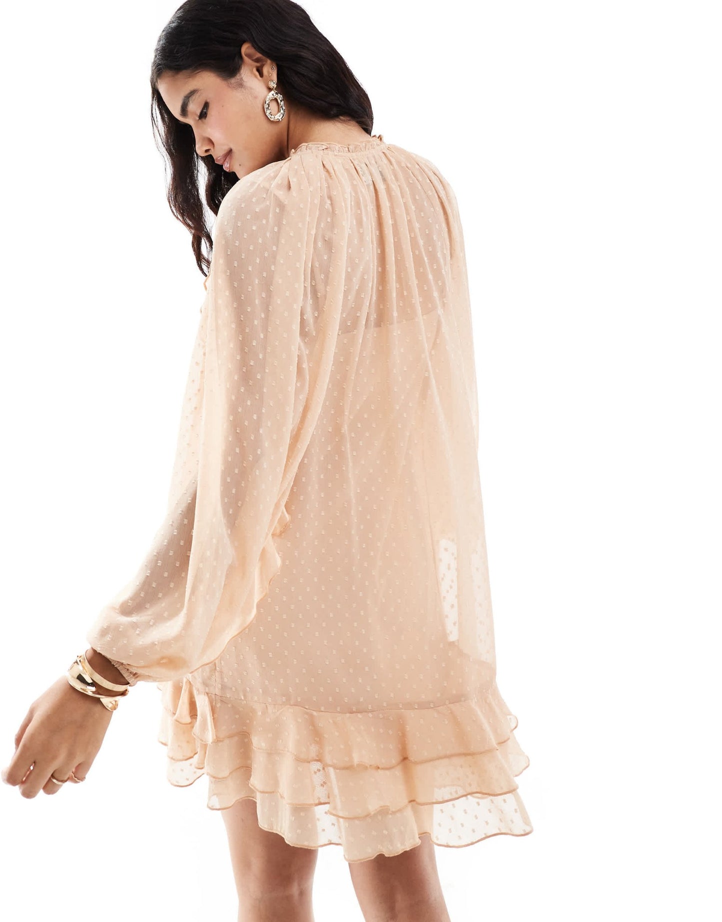 ASOS DESIGN dobby chiffon mini dress with ruffles & blouson sleeve in peach - ASOS Sample Sale