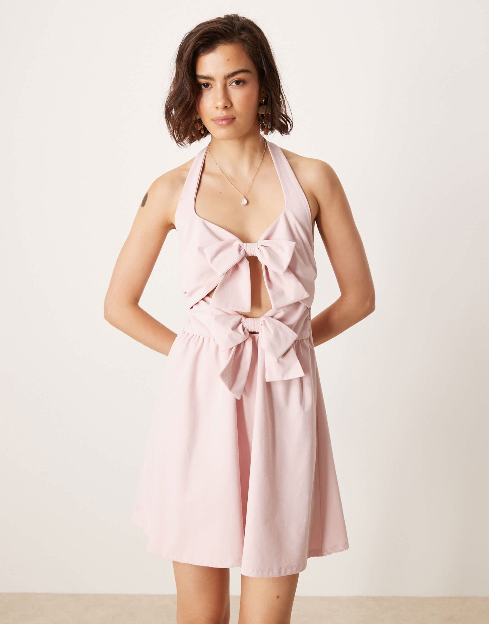 ASOS DESIGN double bow front halter mini dress in baby pink - ASOS Sample Sale