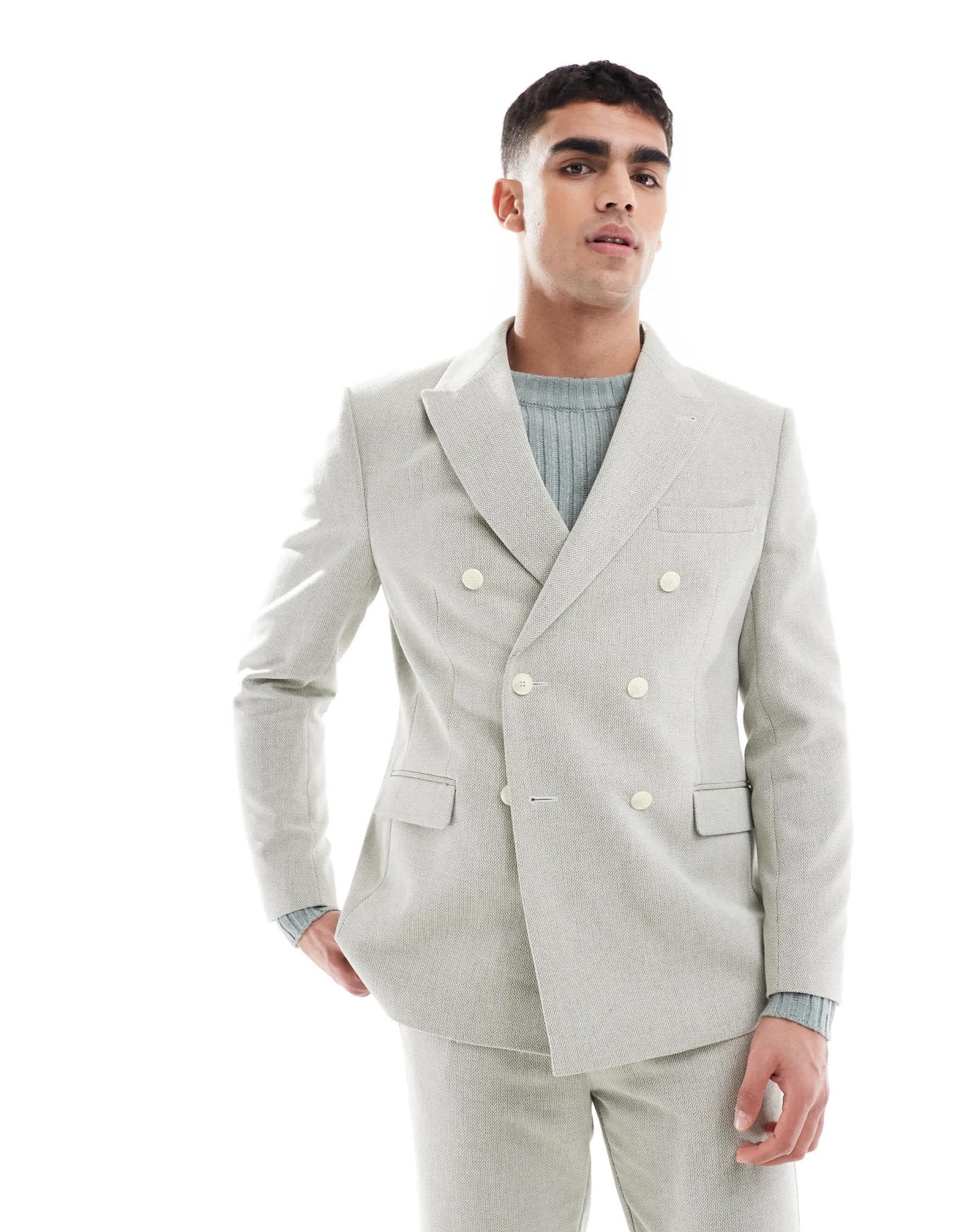 ASOS DESIGN double breasted wool blend regular suit jacket in sage green weave - ASOS Sample Sale