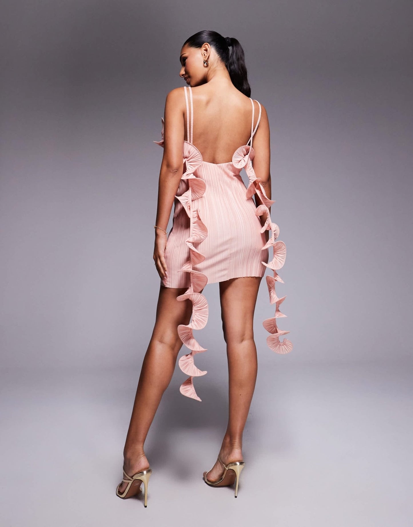 ASOS DESIGN double cami strap with curly detail plisse mini dress in light pink - ASOS Sample Sale