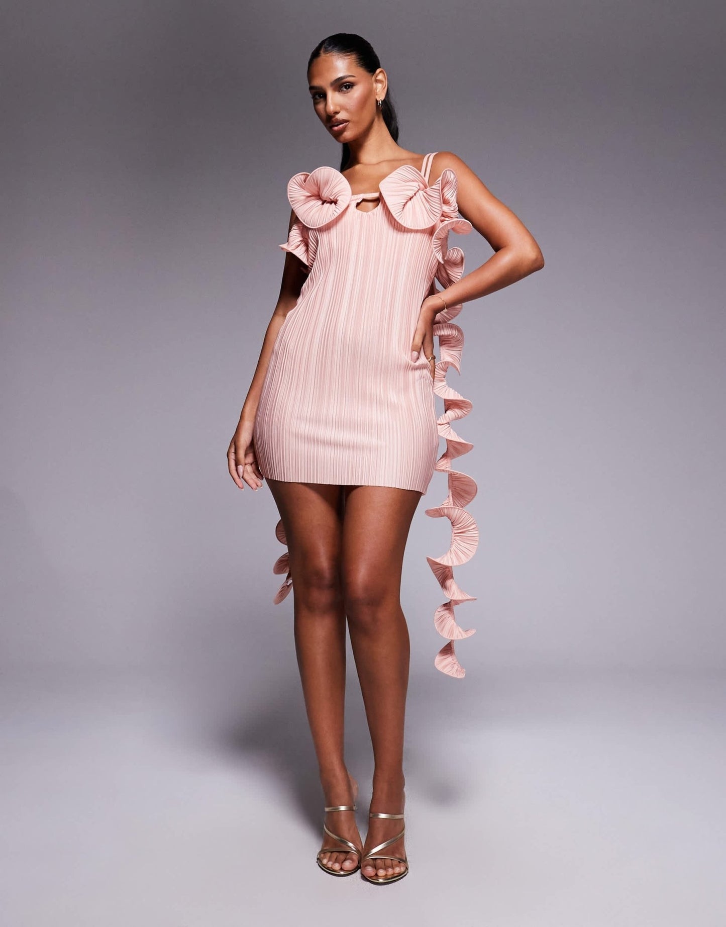 ASOS DESIGN double cami strap with curly detail plisse mini dress in light pink - ASOS Sample Sale