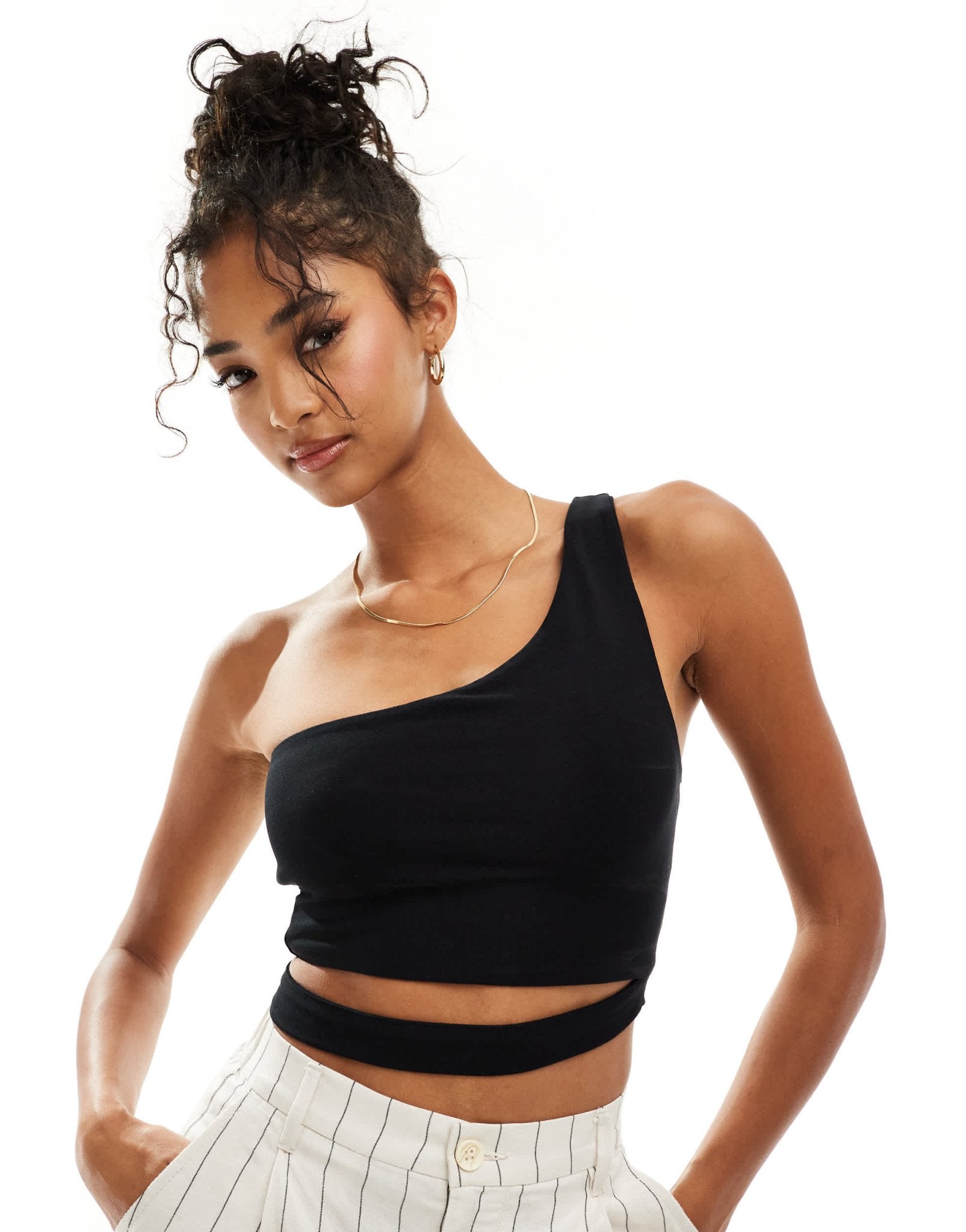 ASOS DESIGN double layer one shoulder crop top with waist cut out in black - ASOS Sample Sale
