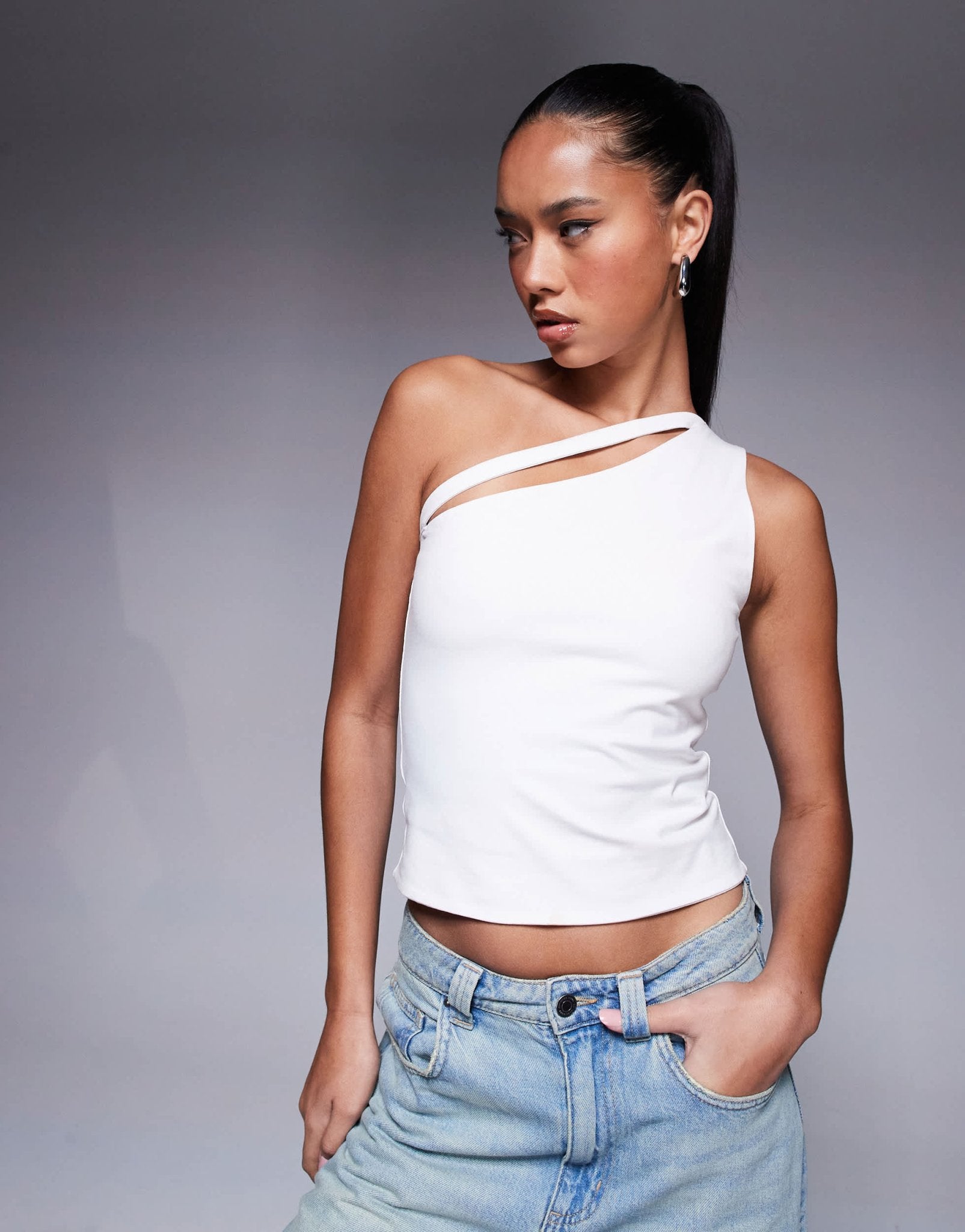 ASOS DESIGN double layer one shoulder top with strap detail in white - ASOS Sample Sale