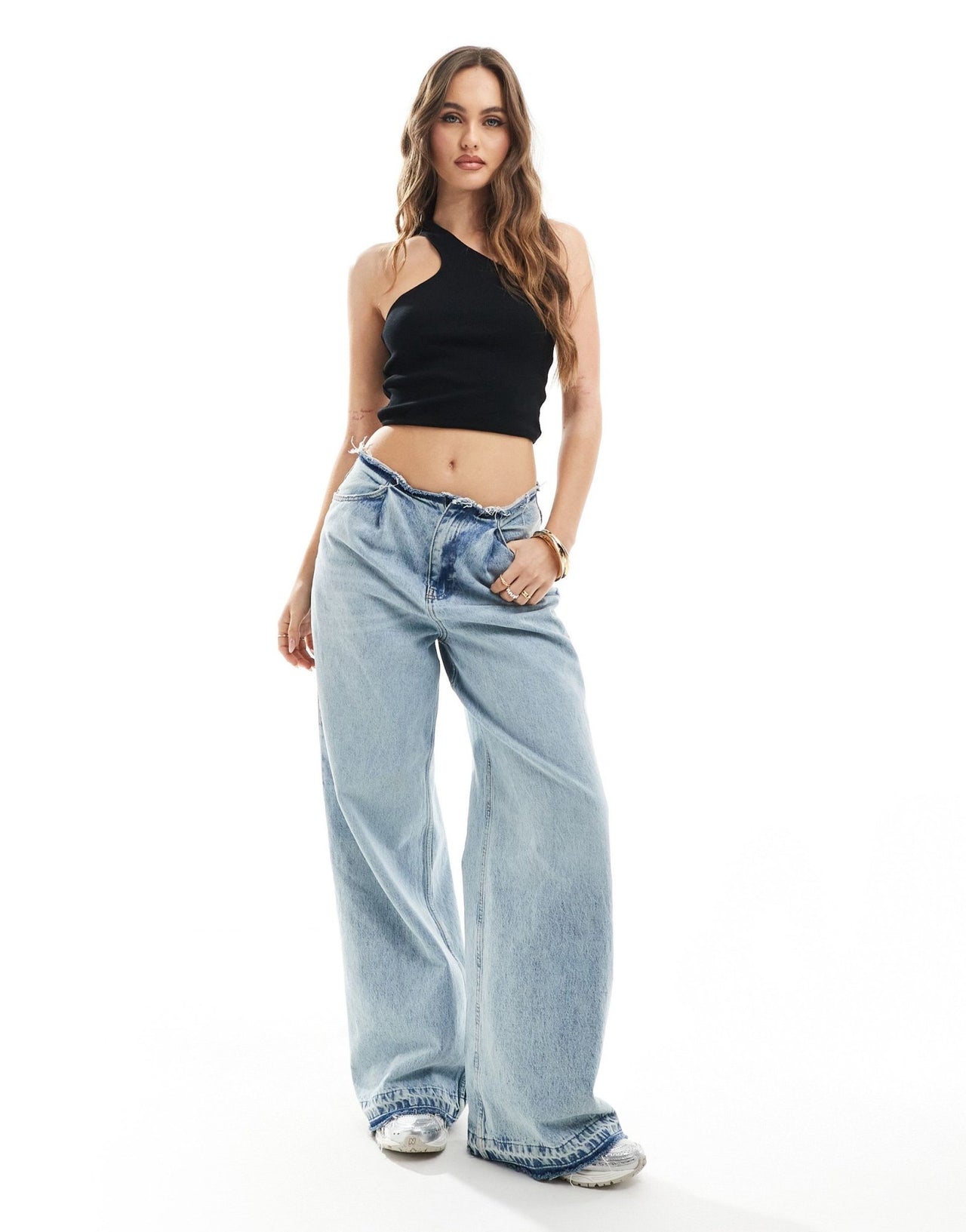 ASOS DESIGN double layer ribbed scoop one shoulder cut out crop top in black - ASOS Sample Sale