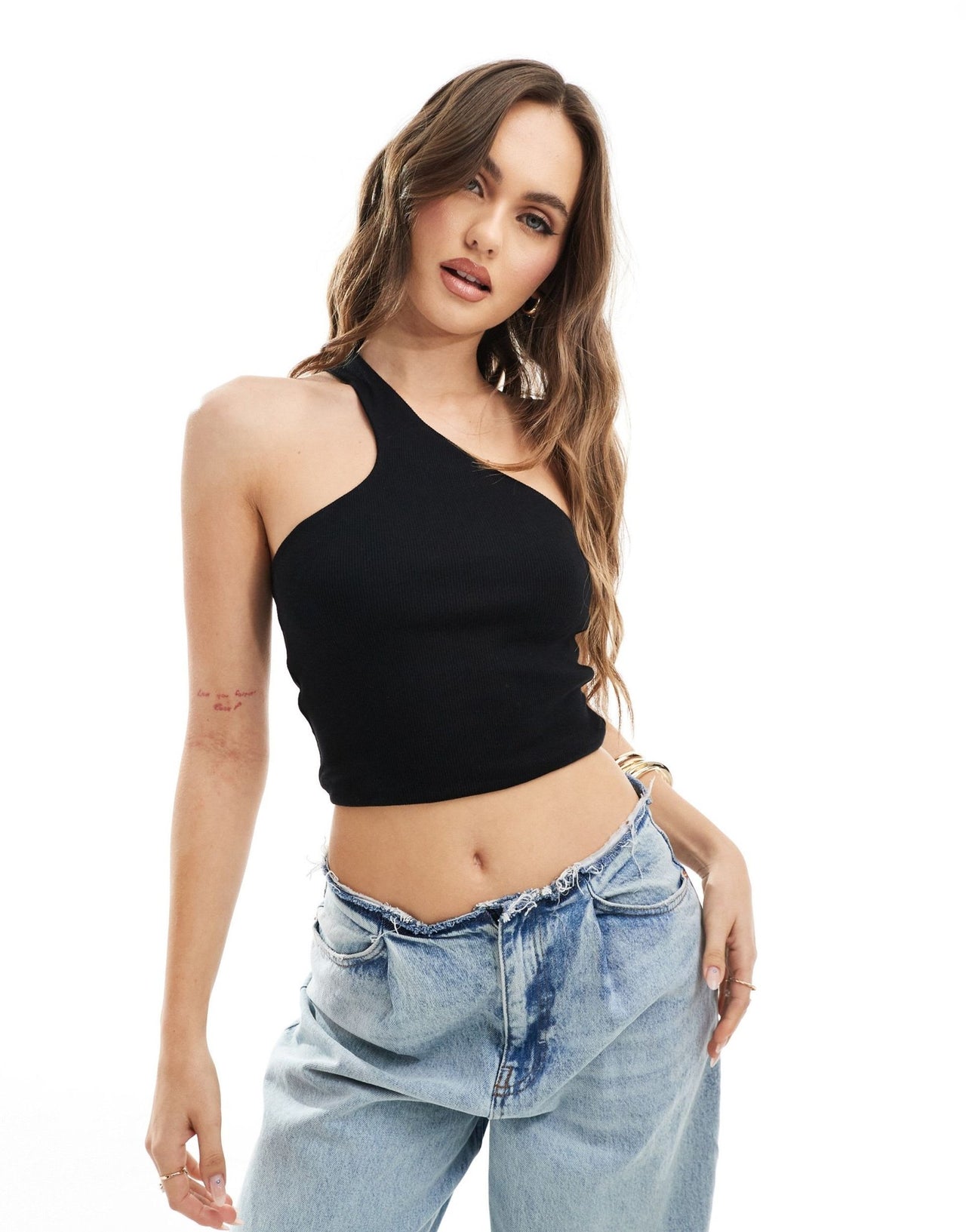 ASOS DESIGN double layer ribbed scoop one shoulder cut out crop top in black - ASOS Sample Sale
