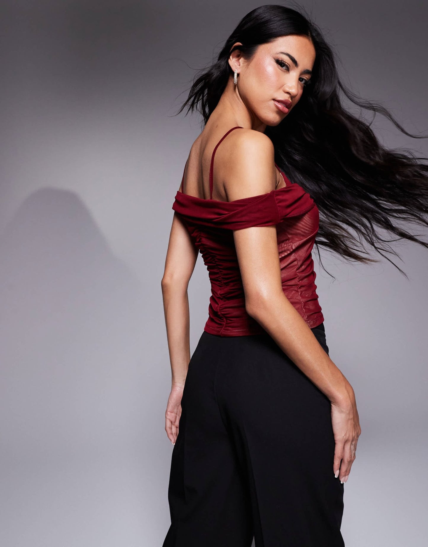 ASOS DESIGN double layer ruched mesh bardot top in burgundy - ASOS Sample Sale
