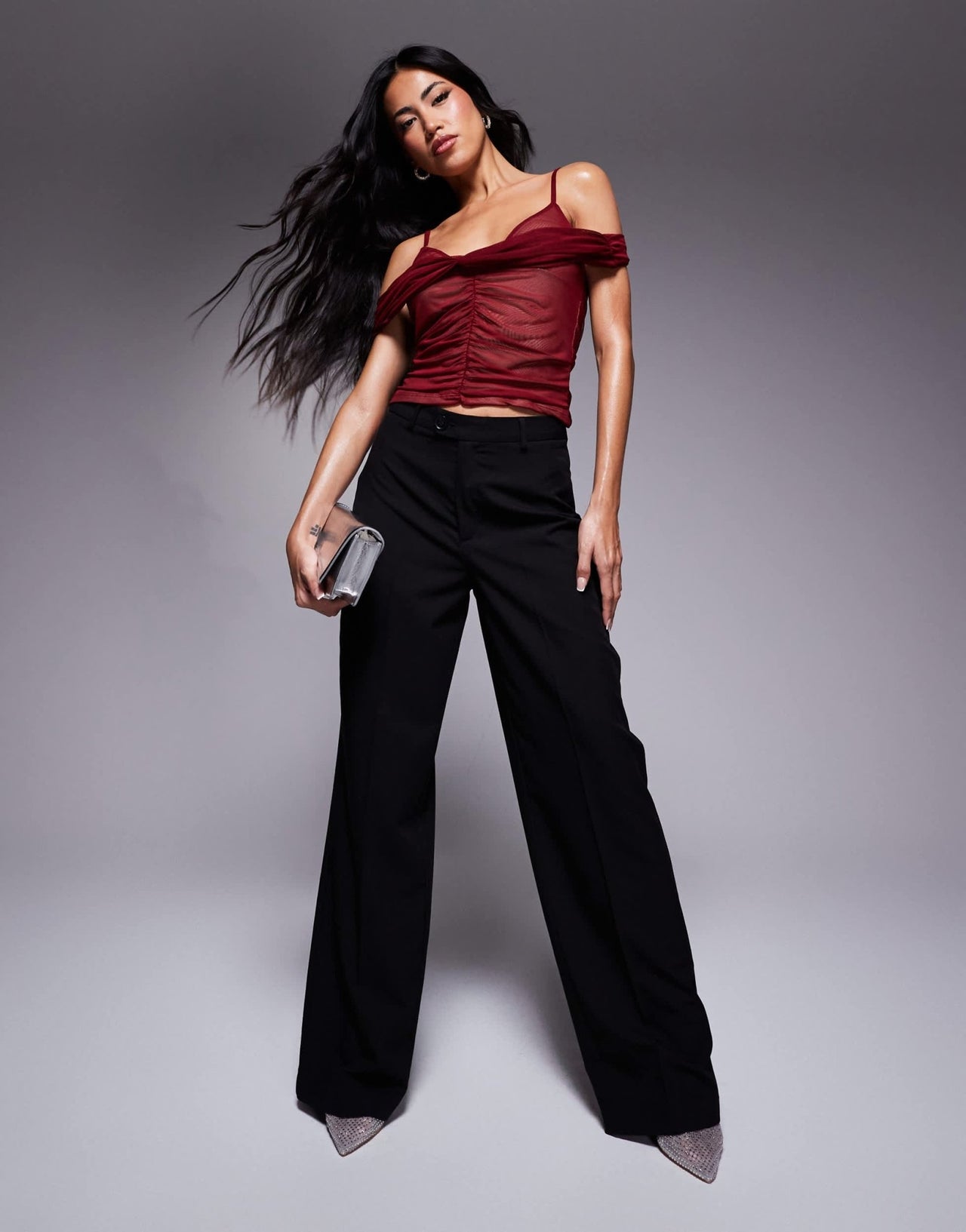 ASOS DESIGN double layer ruched mesh bardot top in burgundy - ASOS Sample Sale