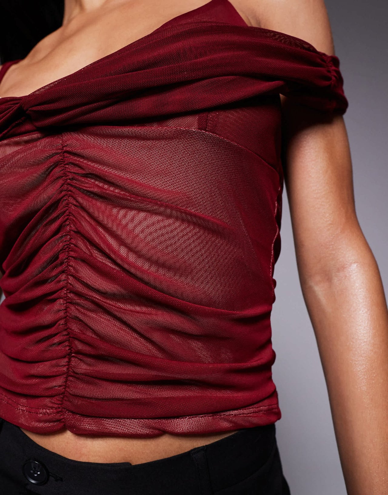 ASOS DESIGN double layer ruched mesh bardot top in burgundy - ASOS Sample Sale