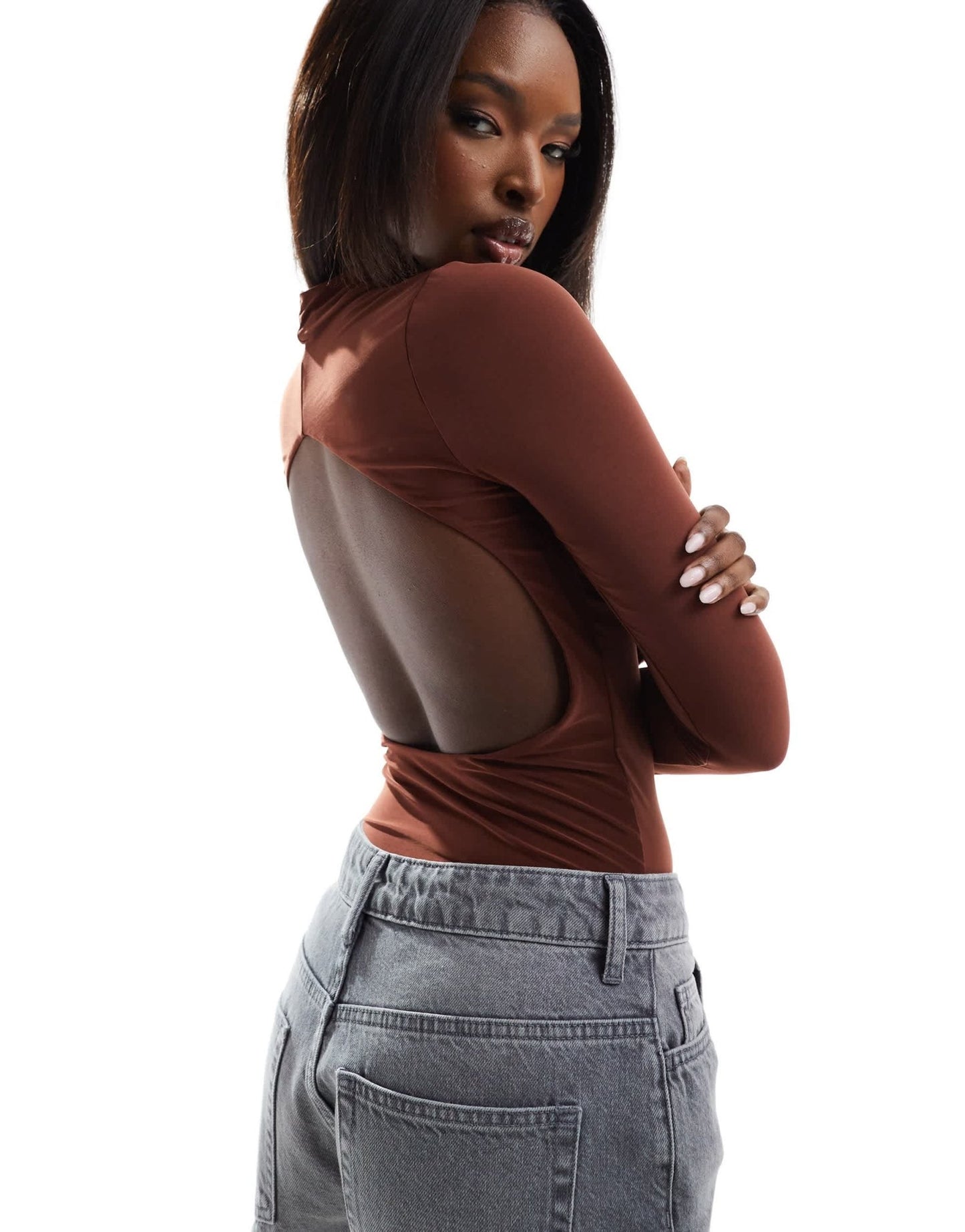 ASOS DESIGN double layer slinky backless bodysuit in cappuccino brown - ASOS Sample Sale