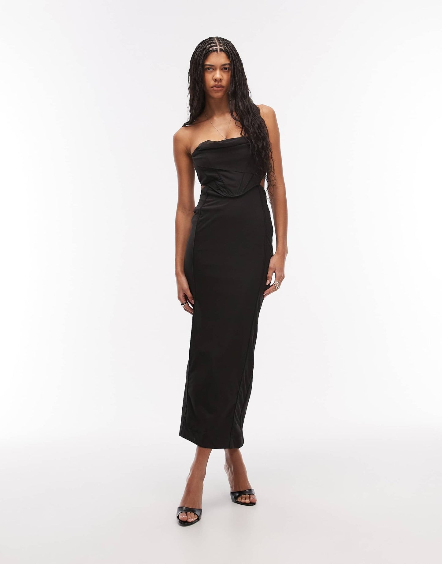 ASOS DESIGN drape bandeau corset maxi dress with waist cut out in black scuba - style fabric - ASOS Sample Sale