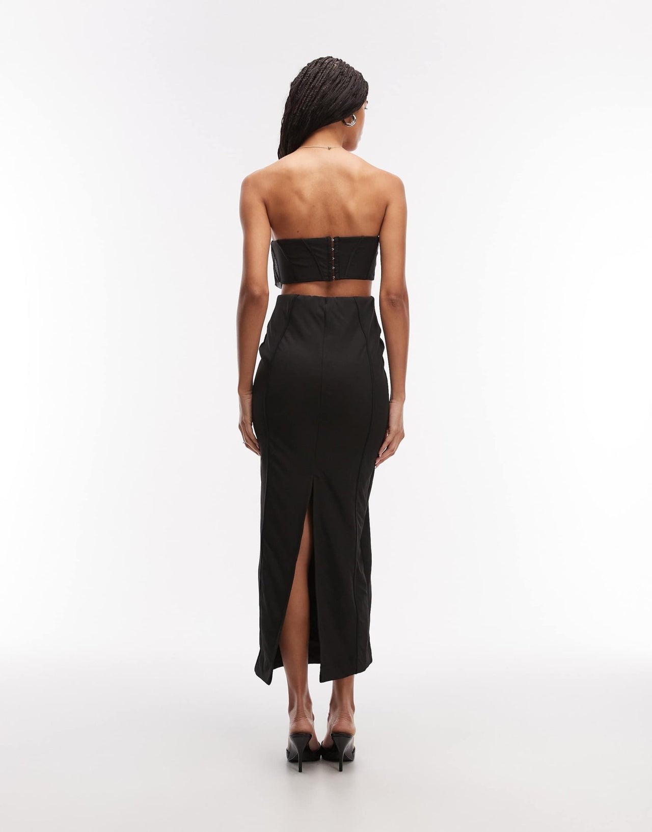 ASOS DESIGN drape bandeau corset maxi dress with waist cut out in black scuba - style fabric - ASOS Sample Sale