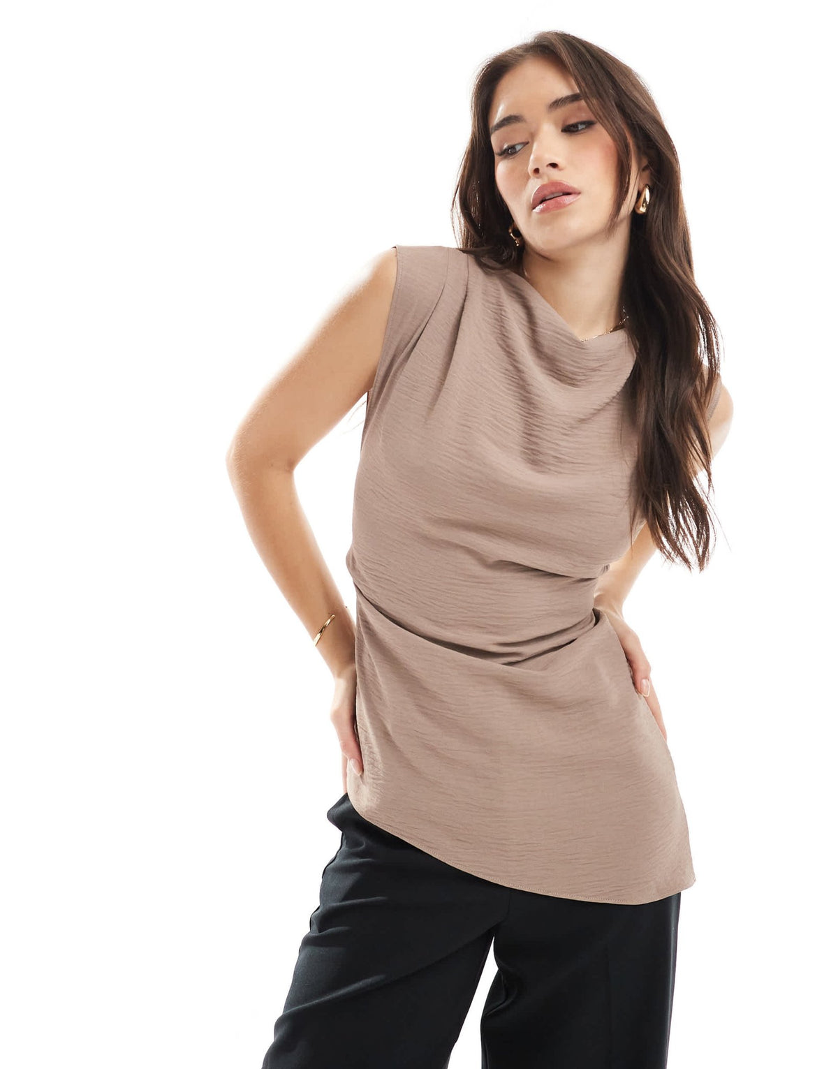 ASOS DESIGN drape cowl neck top with open tie back detail in mushroom - ASOS Sample Sale