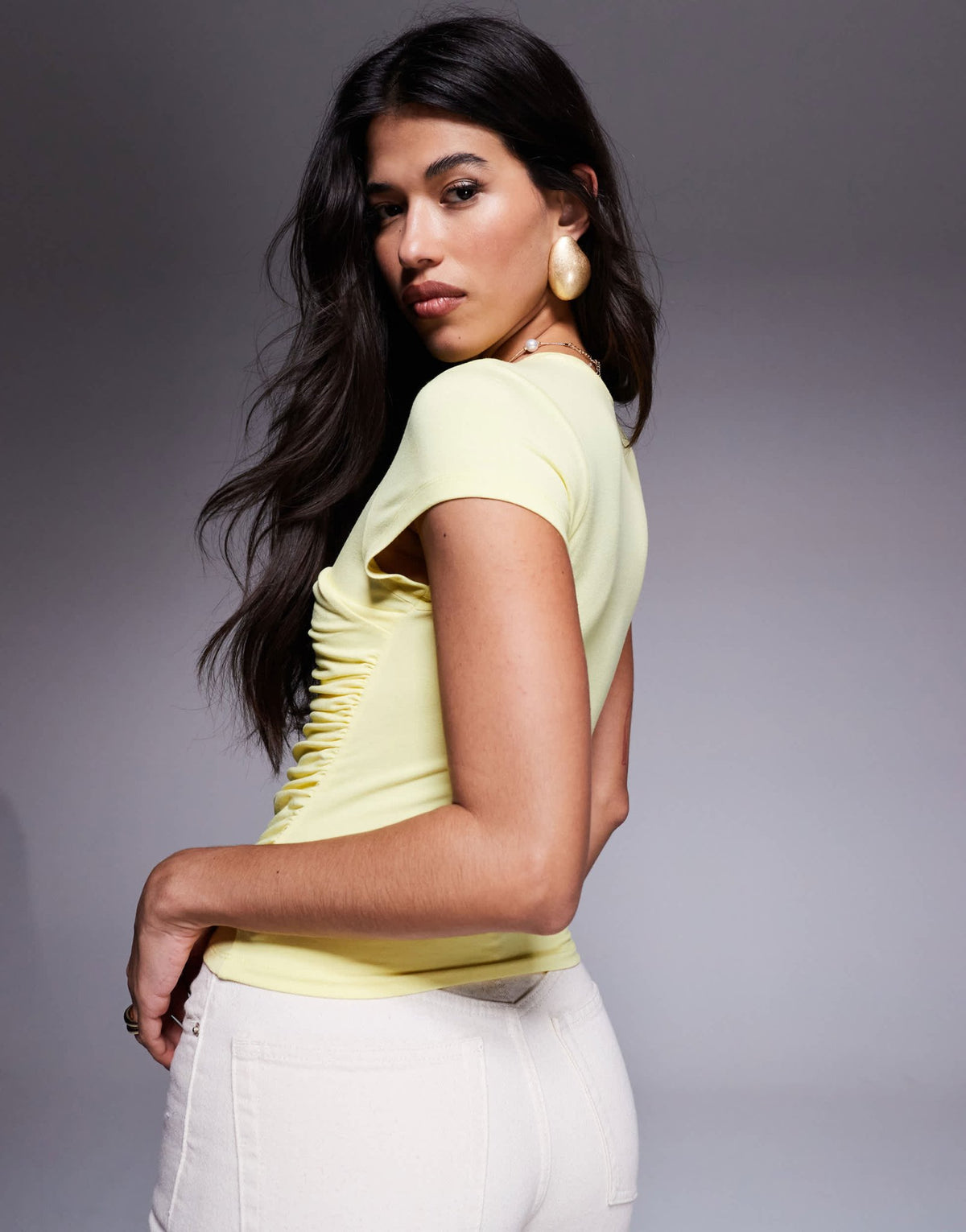 ASOS DESIGN drape gathered detail short sleeve top in butter yellow - ASOS Sample Sale