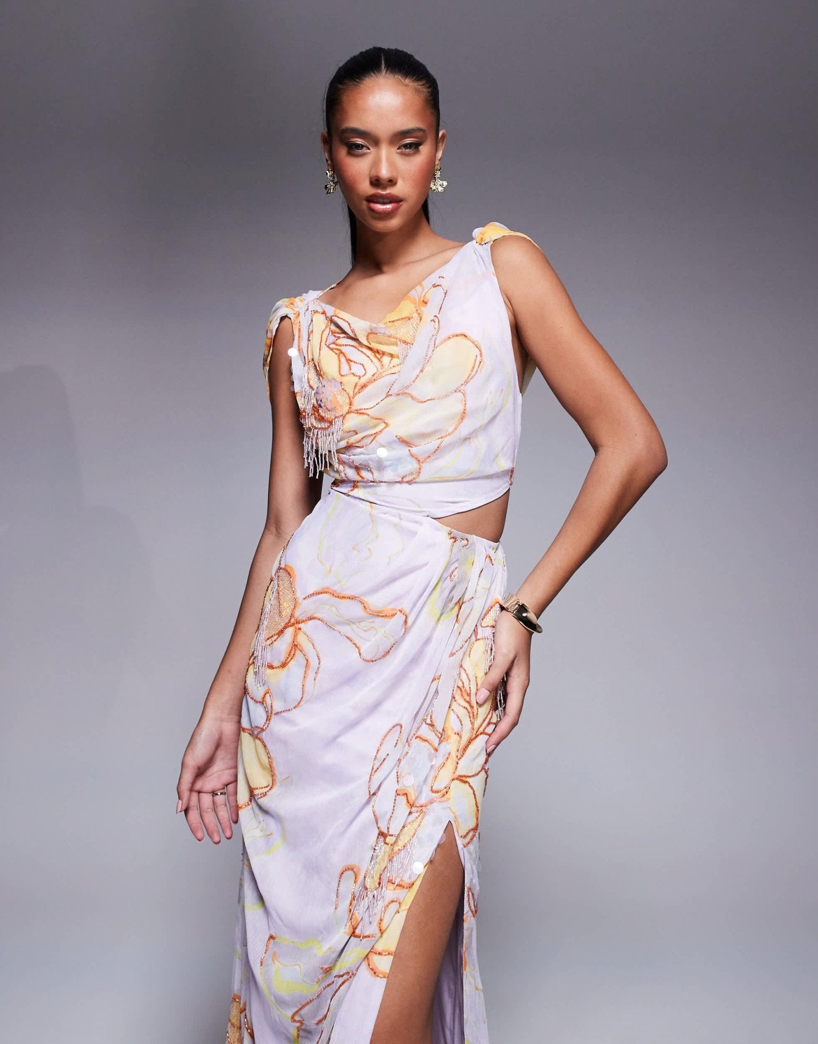 ASOS DESIGN drape midi dress with embellishment in blue floral print - ASOS Sample Sale