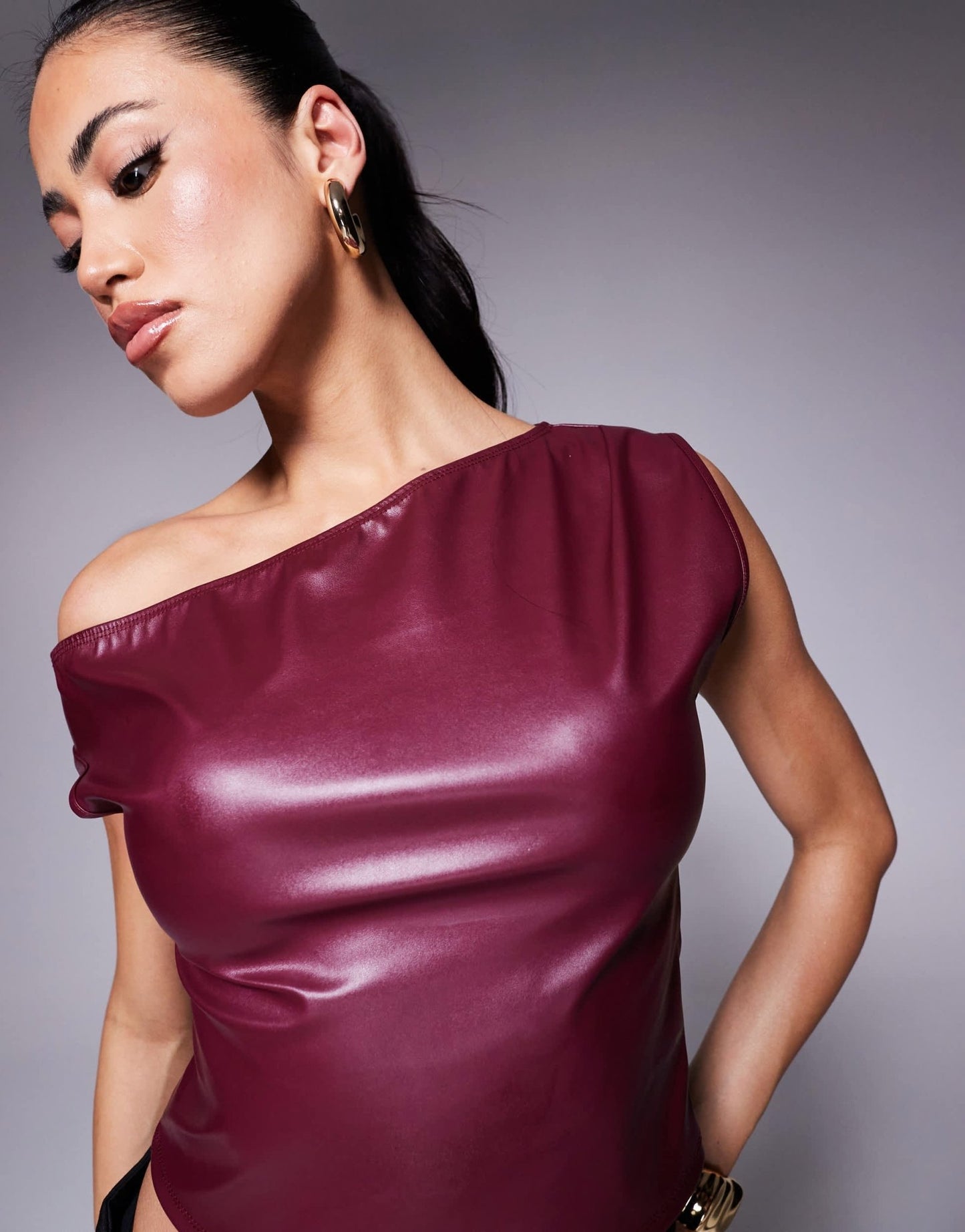 ASOS DESIGN drape PU one shoulder asymmetric top in wine - ASOS Sample Sale