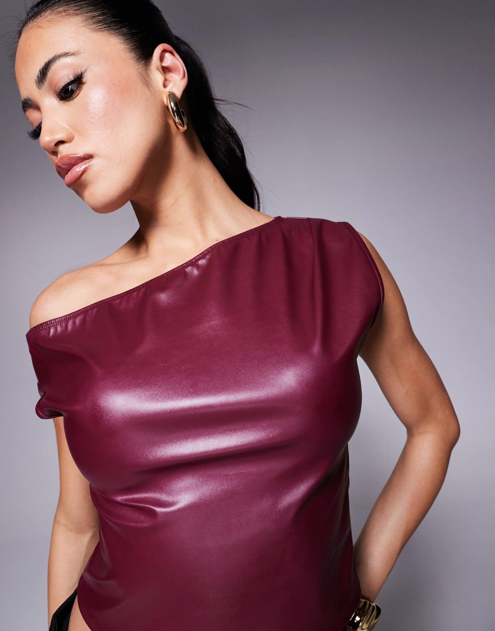 ASOS DESIGN drape PU one shoulder asymmetric top in wine - ASOS Sample Sale