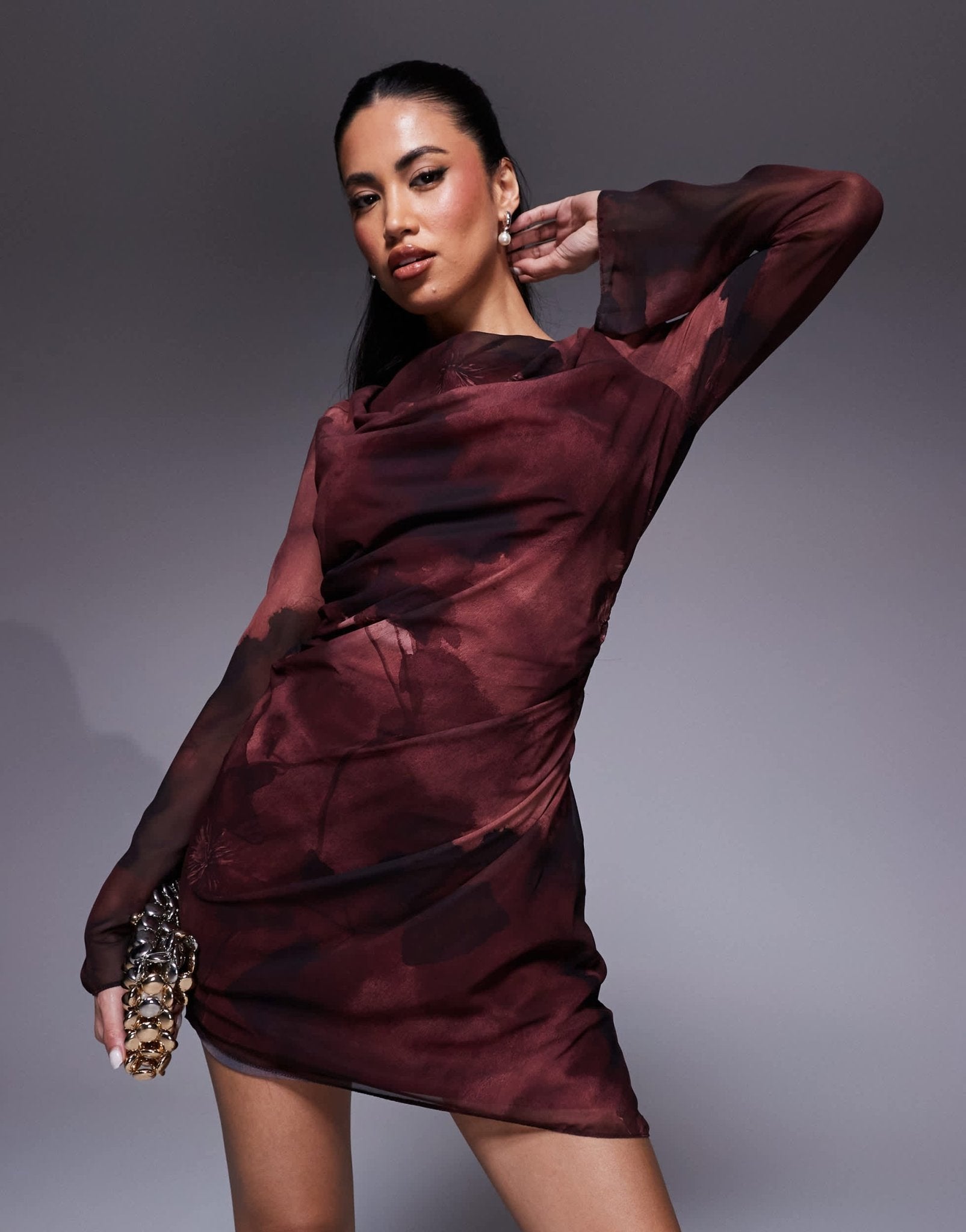 ASOS DESIGN draped asymmetric long sleeve mini dress in burgundy floral print - ASOS Sample Sale