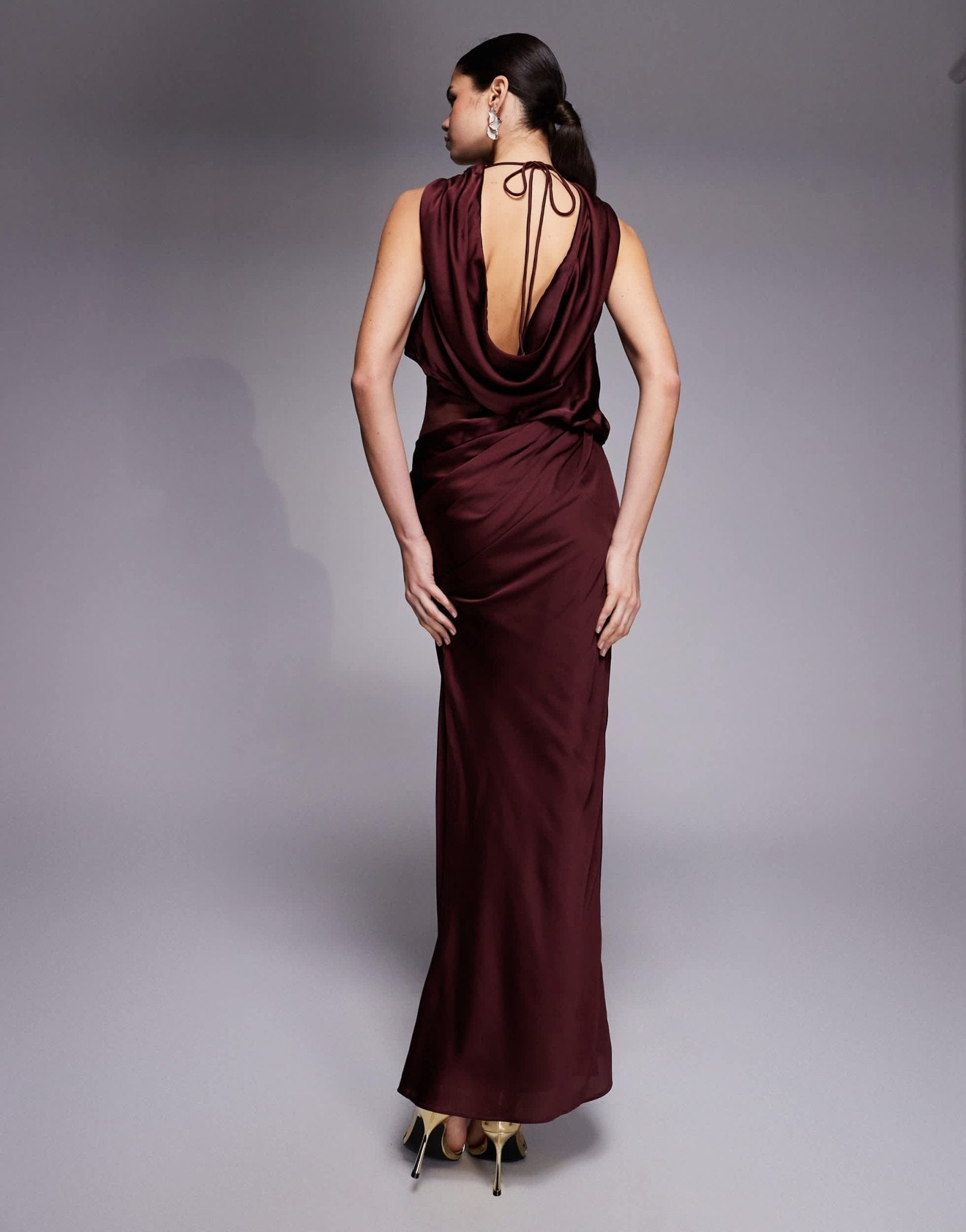 ASOS DESIGN draped high neck asymmetric satin bodice maxi dress with sheer panel in berry - ASOS Sample Sale