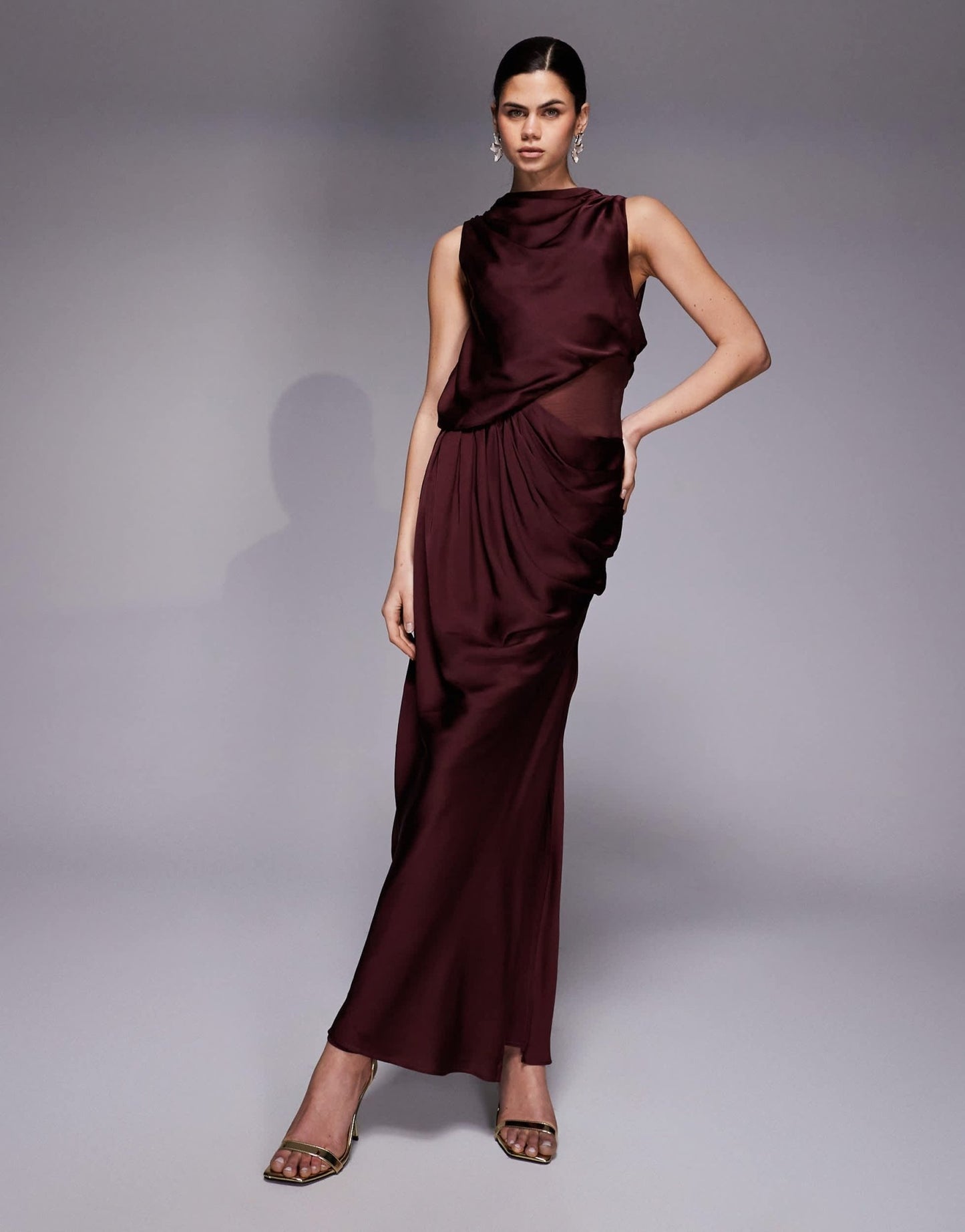 ASOS DESIGN draped high neck asymmetric satin bodice maxi dress with sheer panel in berry - ASOS Sample Sale
