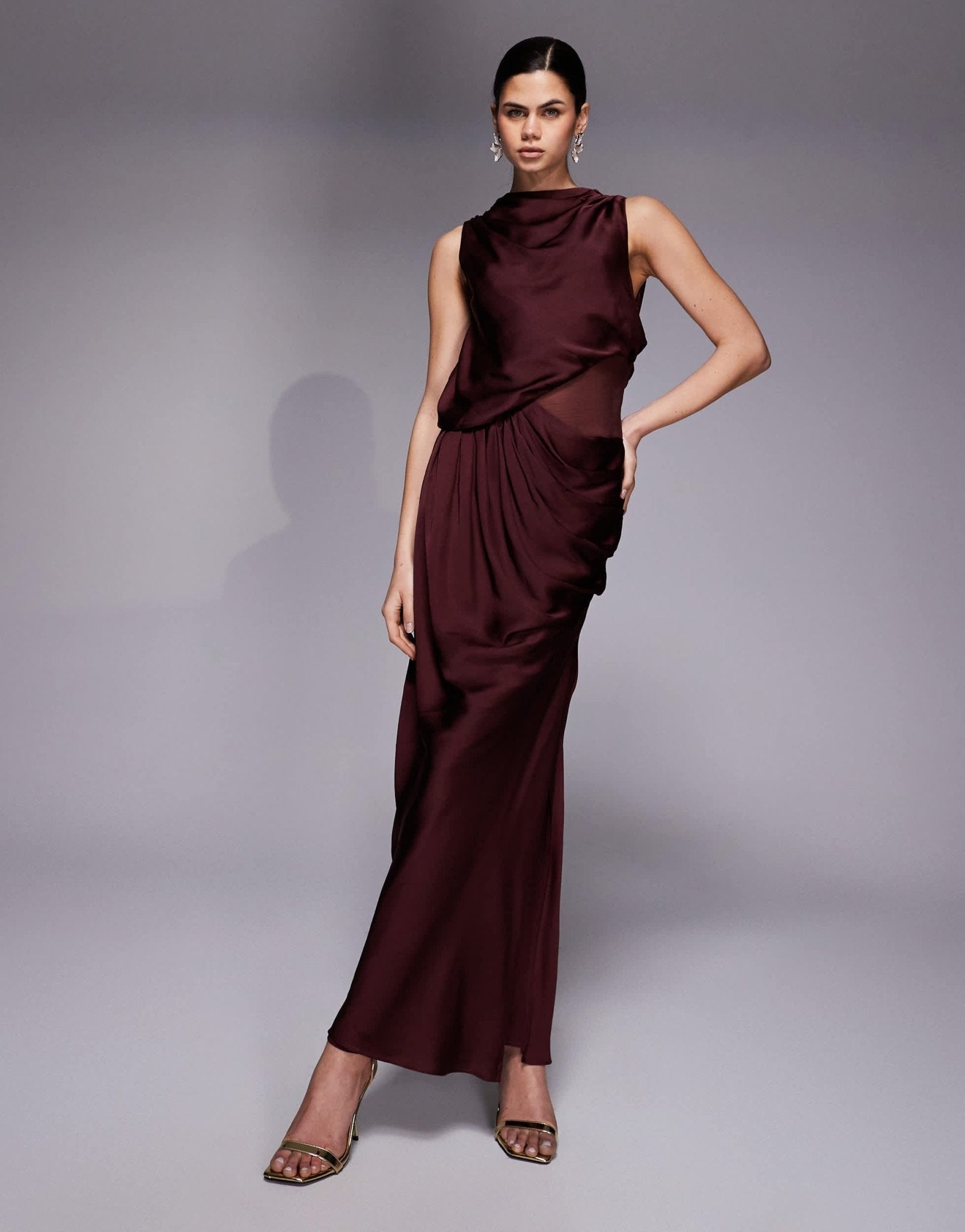ASOS DESIGN draped high neck asymmetric satin bodice maxi dress with sheer panel in berry - ASOS Sample Sale