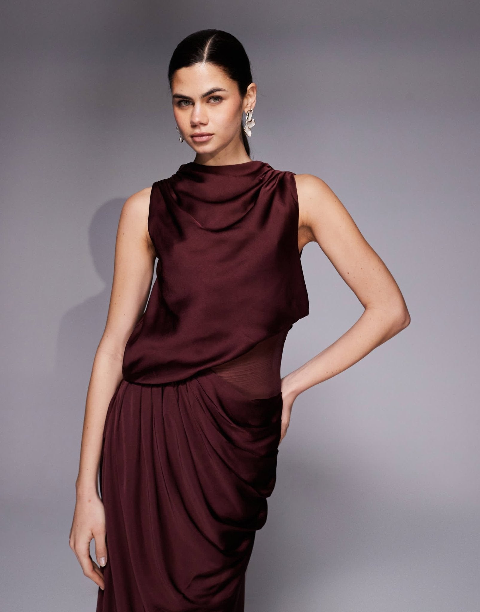 ASOS DESIGN draped high neck asymmetric satin bodice maxi dress with sheer panel in berry - ASOS Sample Sale
