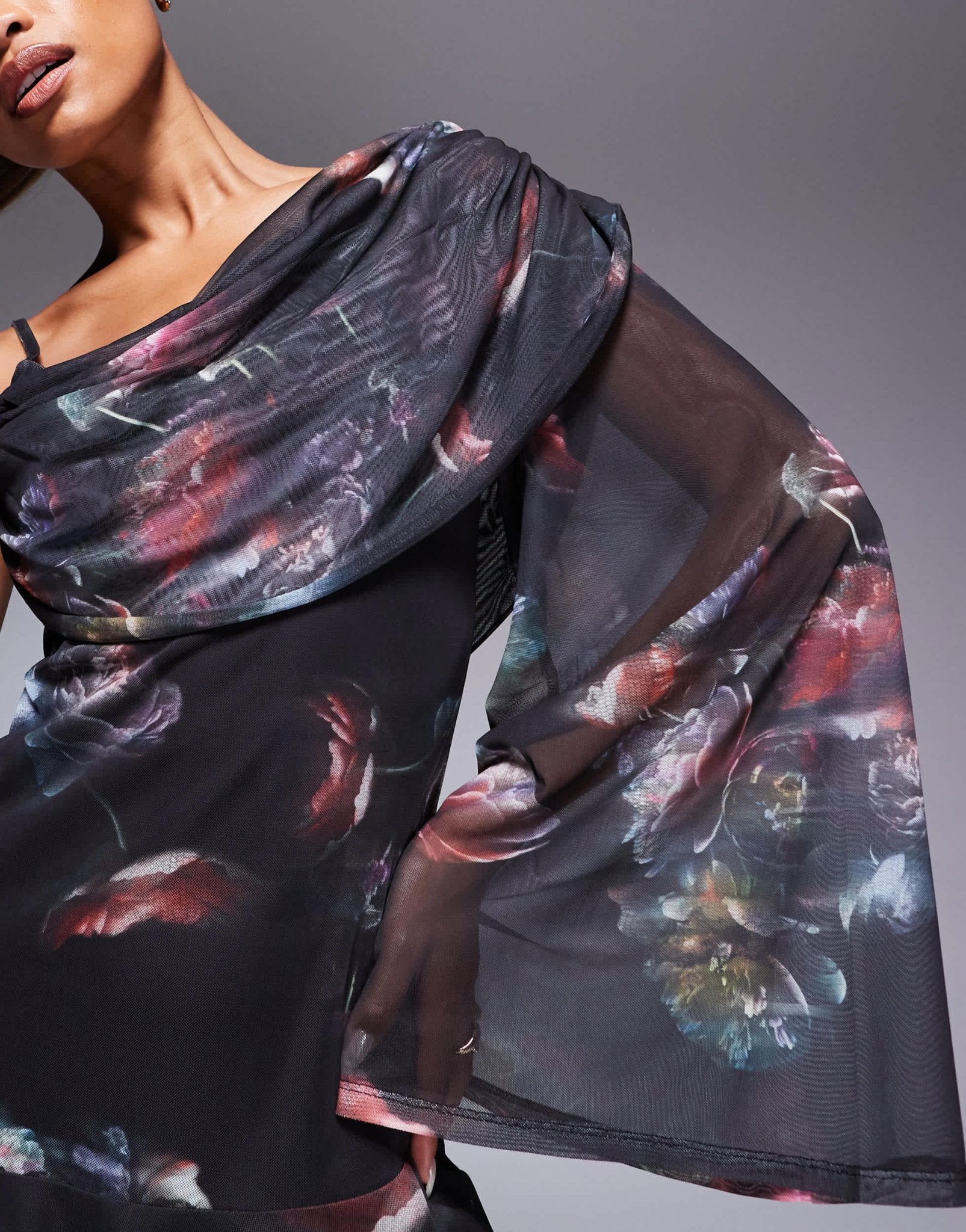 ASOS DESIGN draped one sleeve with asym drape mini dress in blurred floral mesh print - ASOS Sample Sale